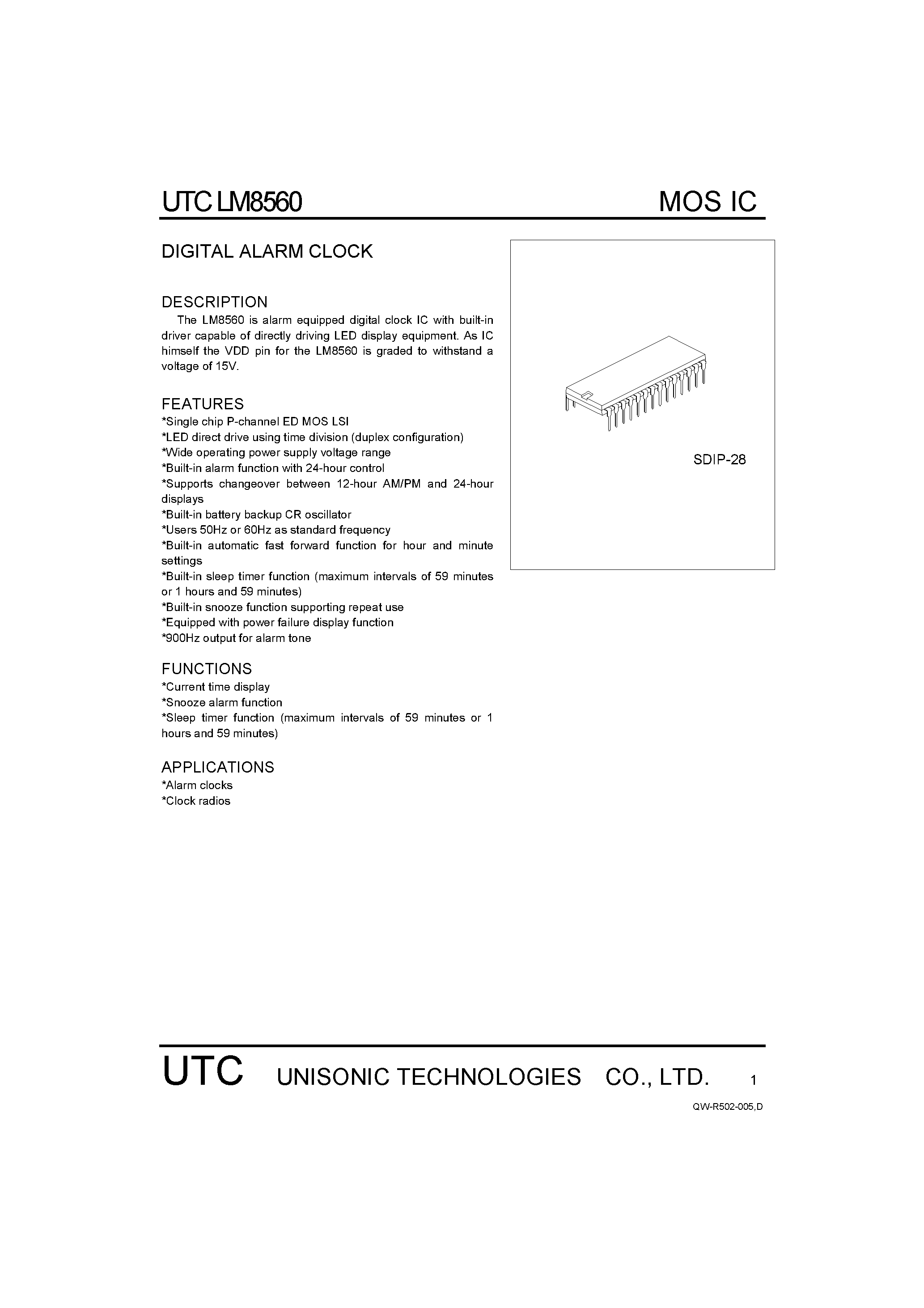 Даташит на микросхему LM8560 страница 1 Даташит LM8560 - MOS IC страница 1