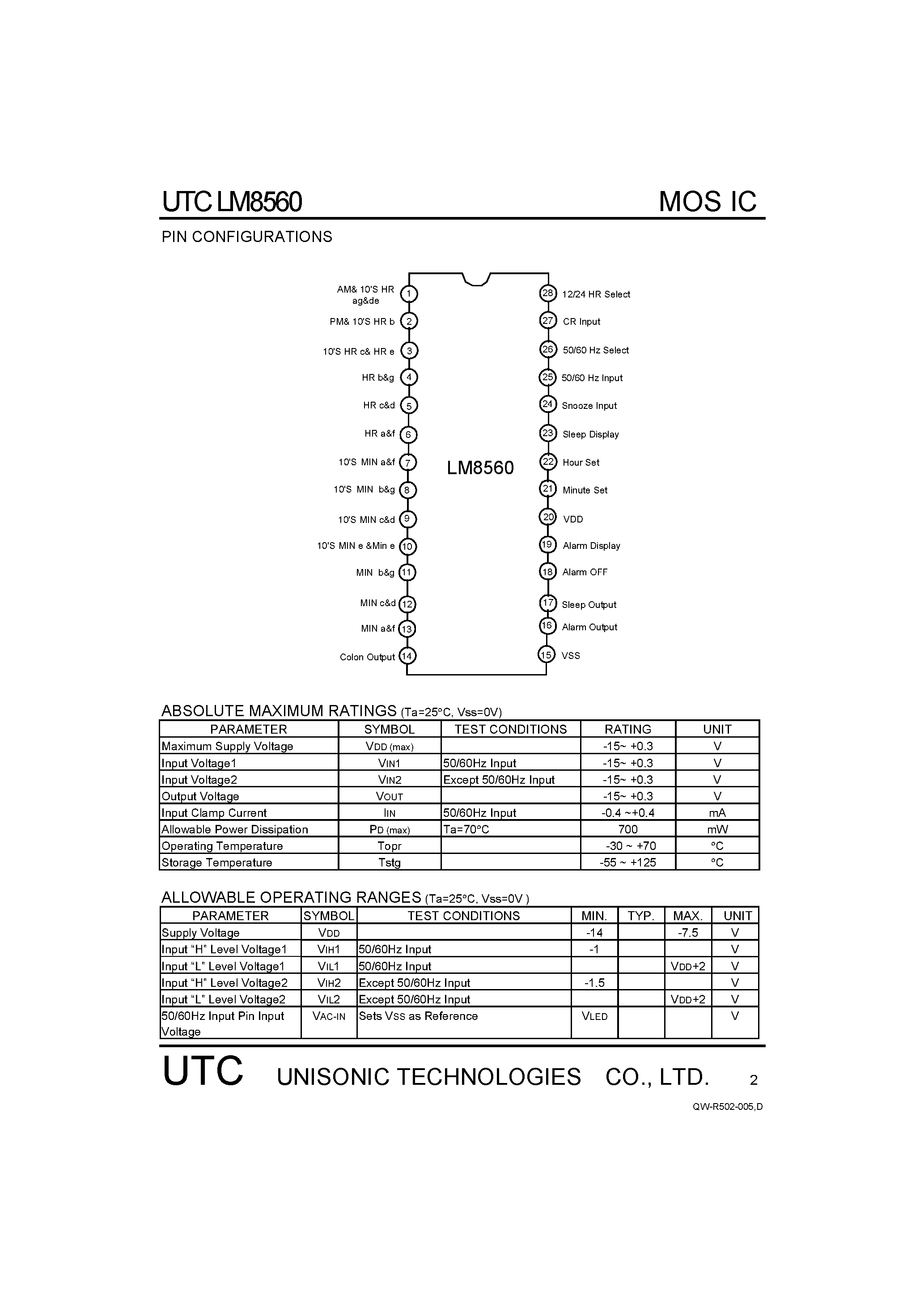Даташит на микросхему LM8560 страница 2 Даташит LM8560 - MOS IC страница 2