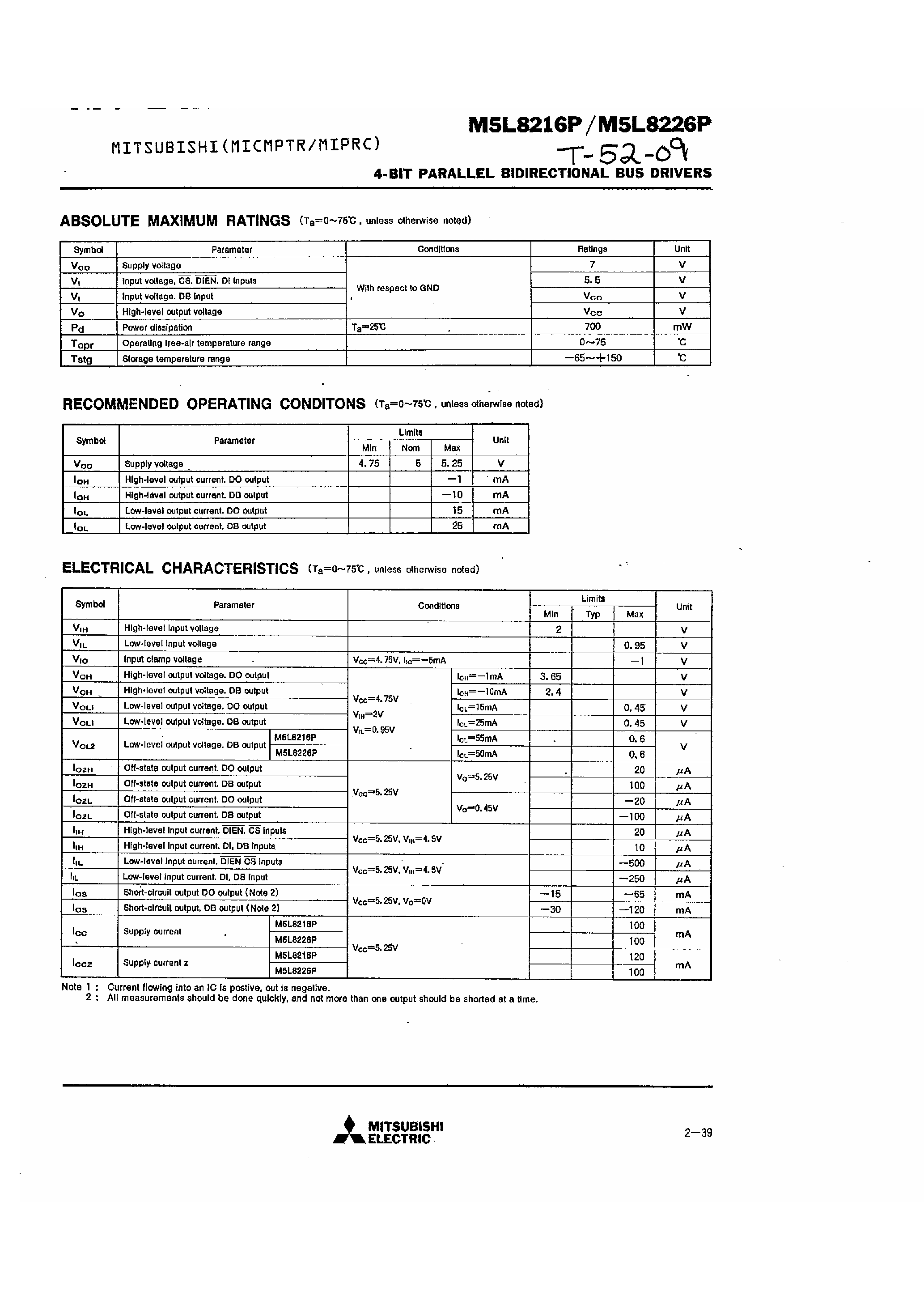Datasheet M5L8226P - 4 Bit Parallel Bidirectional Bus Drivers page 2