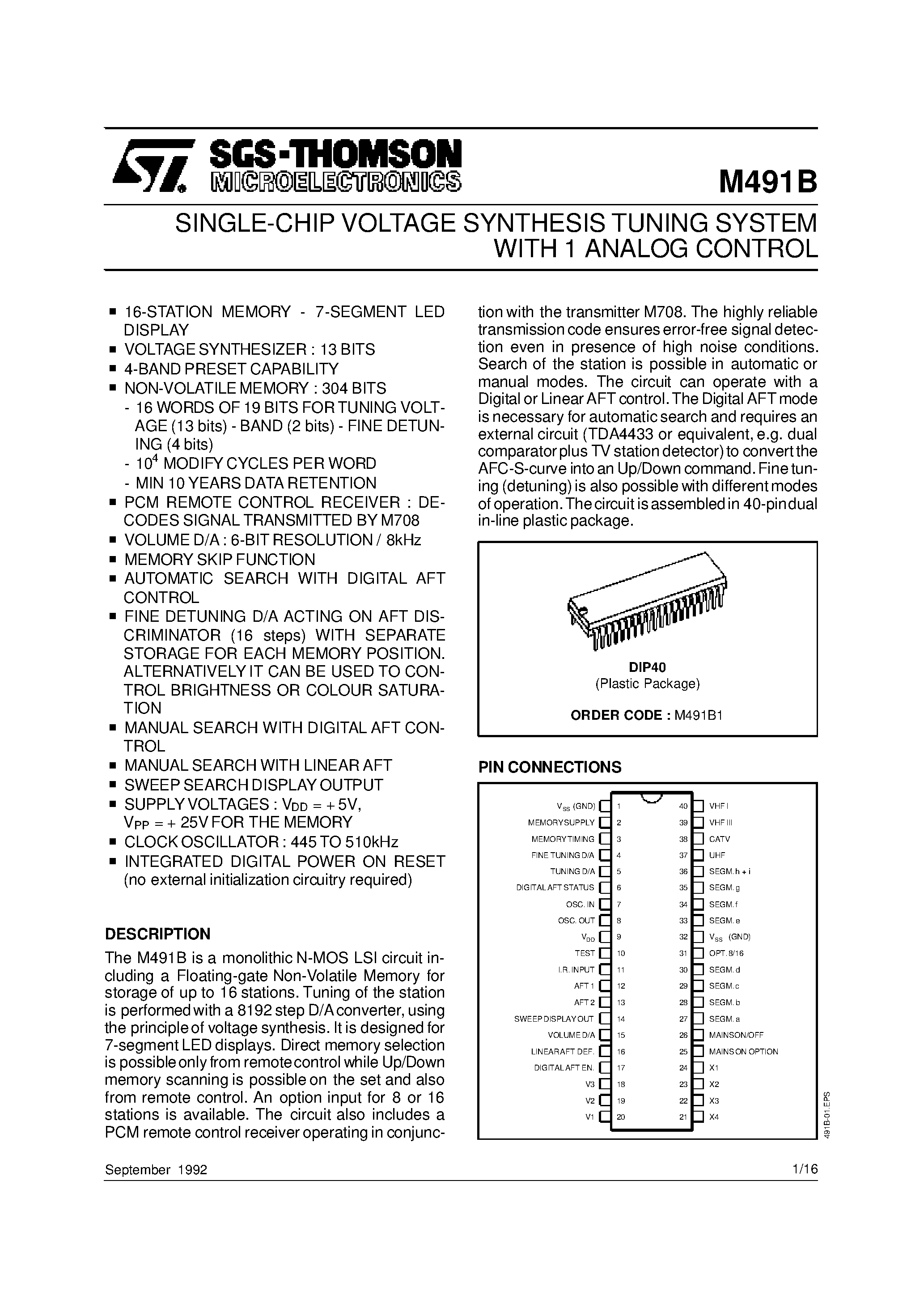 Datasheet M491B1 - SINGLE-CHIP VOLTAGE SYNTHESIS TUNING SYSTEM WITH 1 ANALOG CONTROL page 1