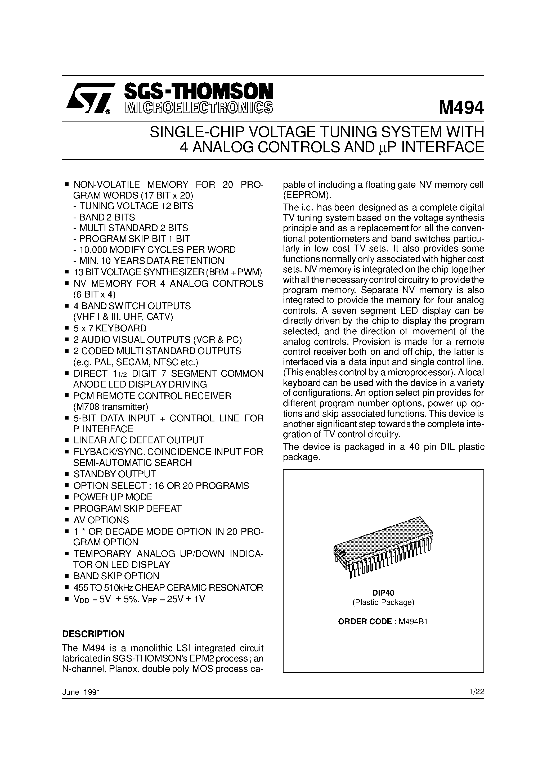 Datasheet M494 - SINGLE-CHIP VOLTAGE TUNING SYSTEM WITH 4 ANALOG CONTROLS AND mP INTERFACE page 1
