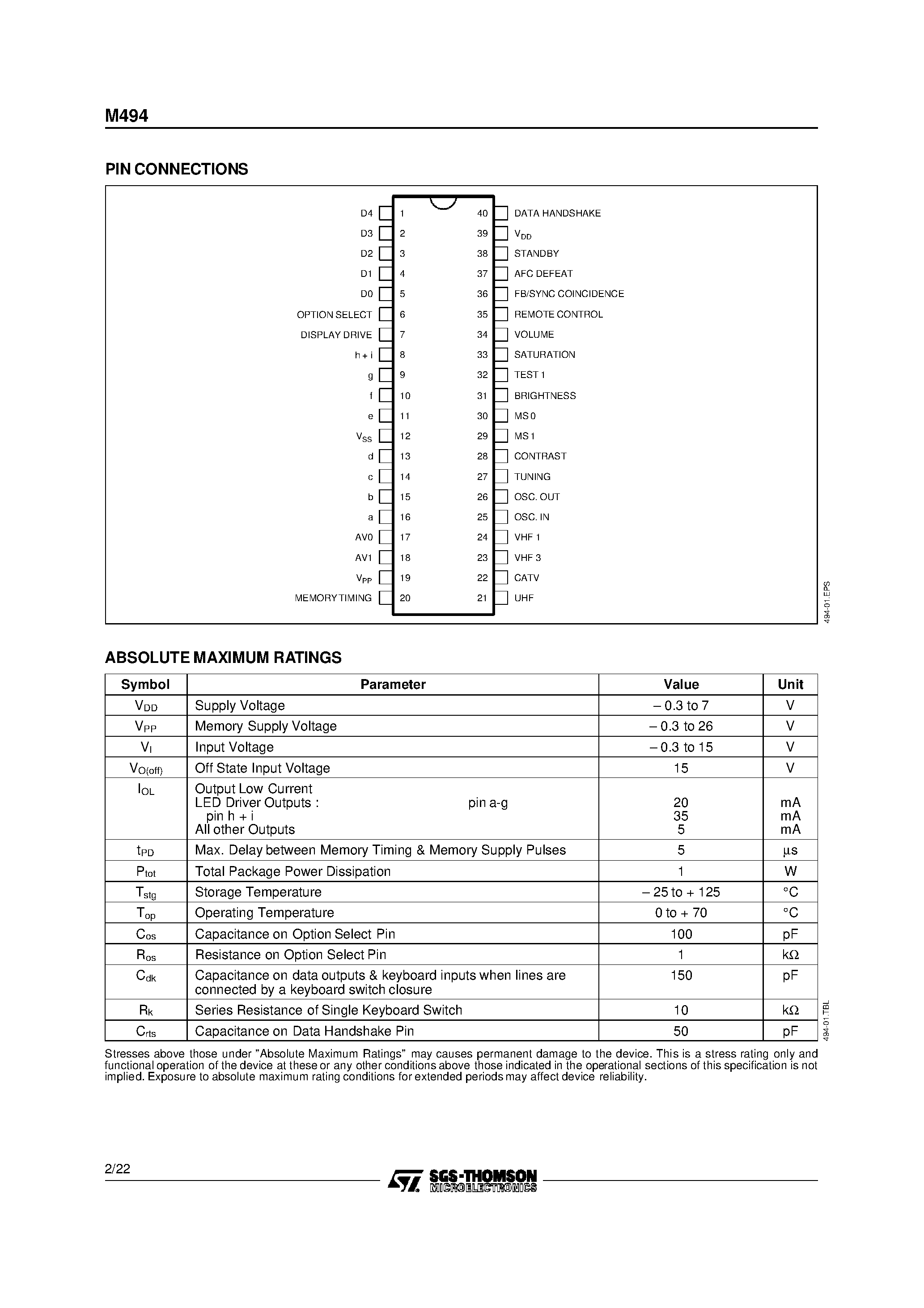 Datasheet M494B1 - SINGLE-CHIP VOLTAGE TUNING SYSTEM WITH 4 ANALOG CONTROLS AND mP INTERFACE page 2