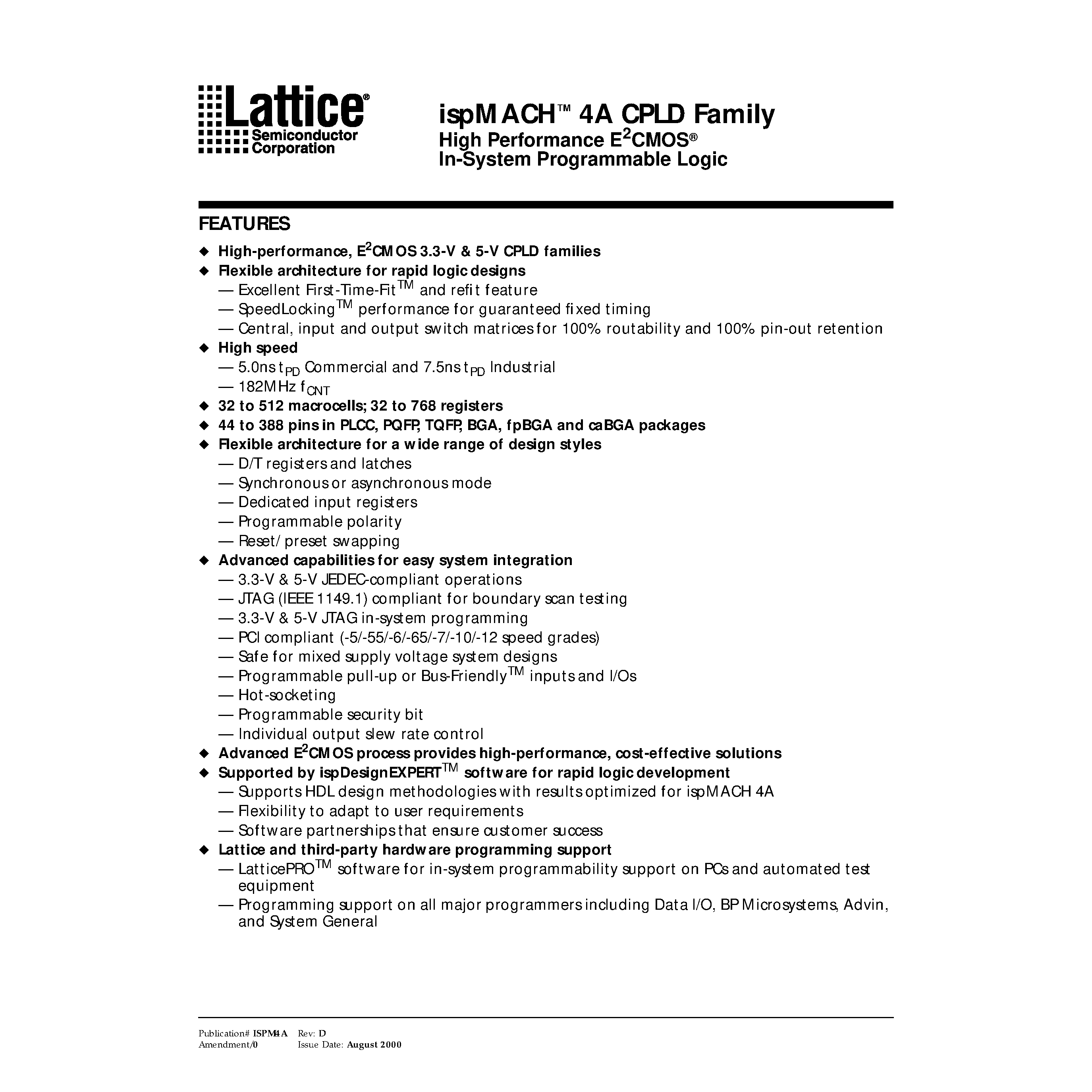 Datasheet M4A3-256/128-65AC - High Performance E 2 CMOS In-System Programmable Logic page 1