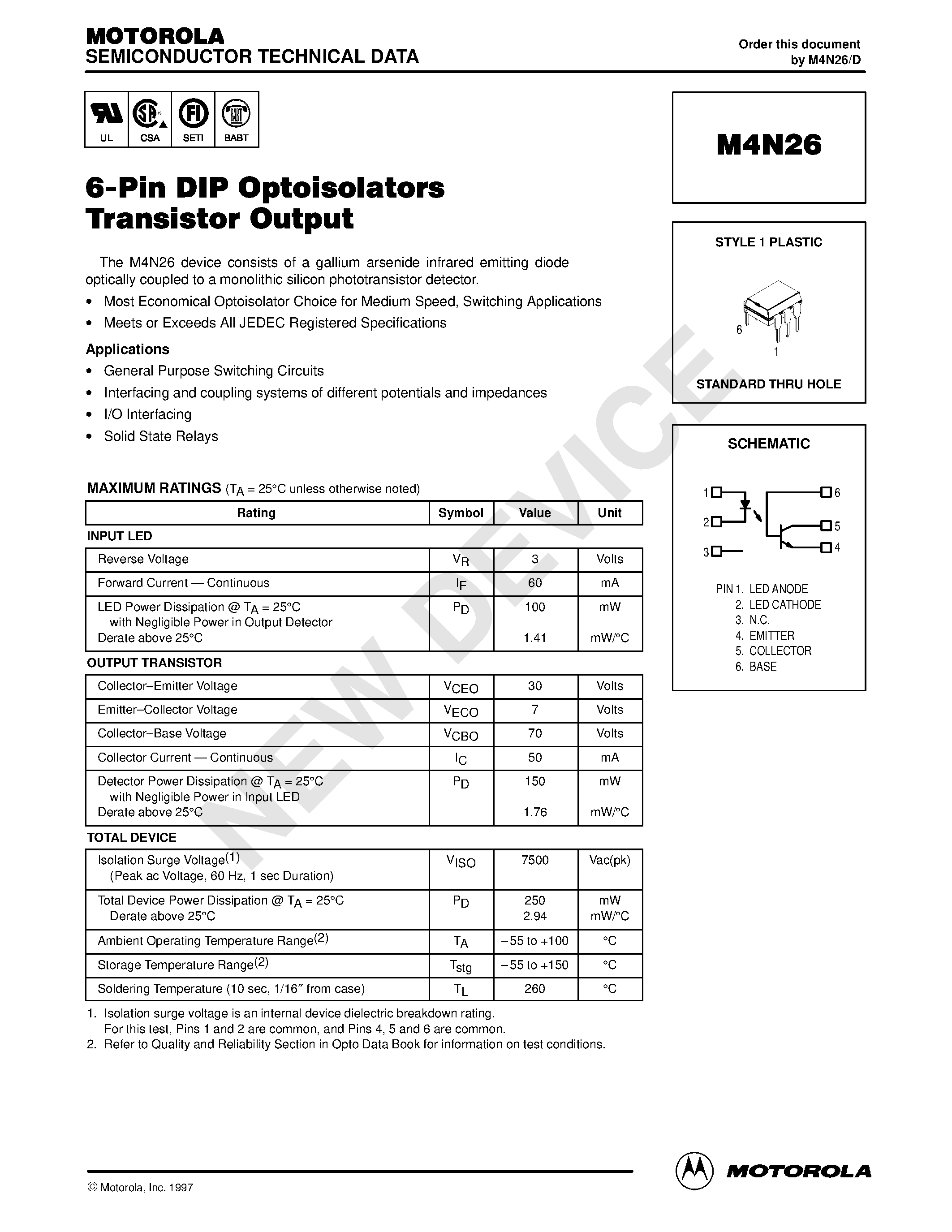 Datasheet M4N26 - 6-Pin DIP Optoisolators Transistor Output page 1
