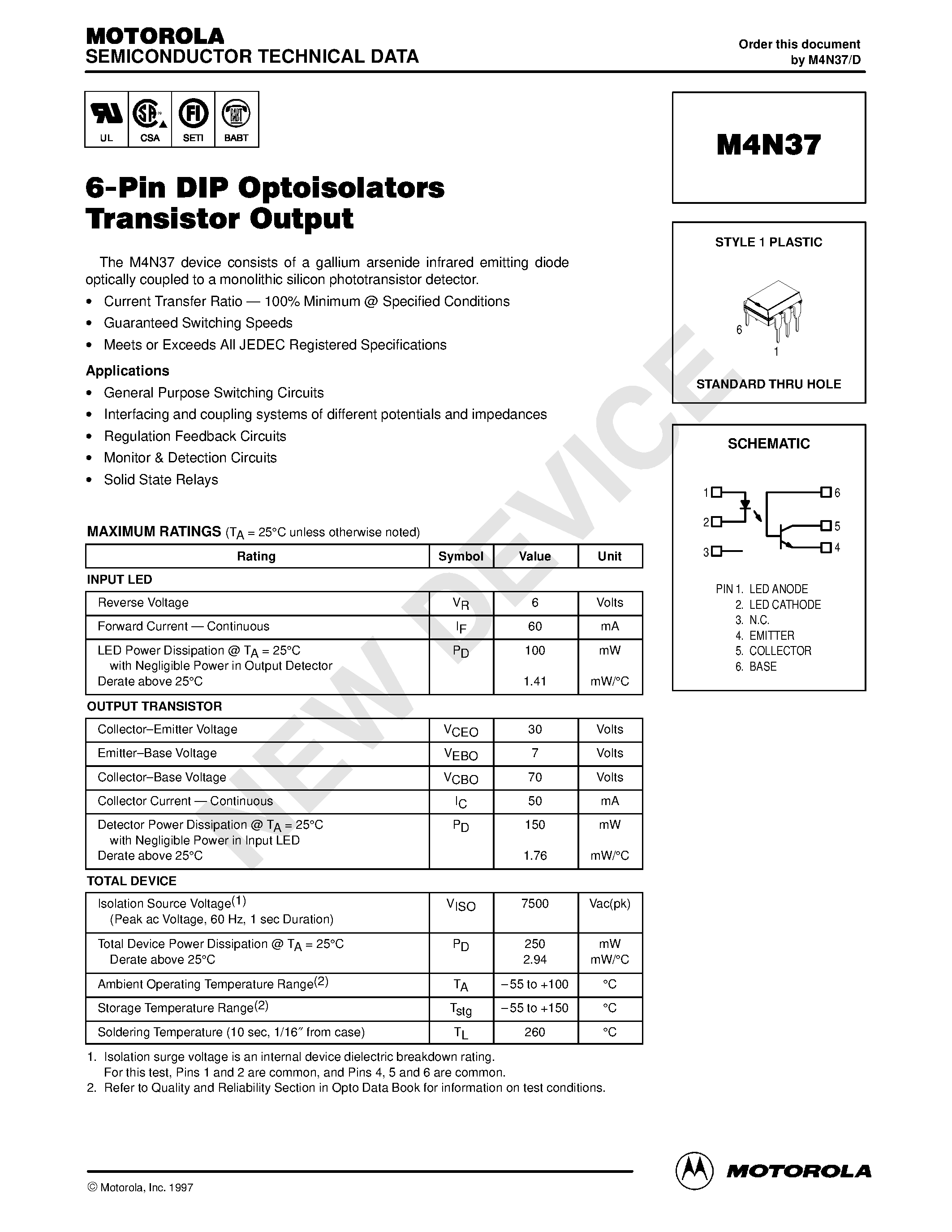 Datasheet M4N37 - 6-Pin DIP Optoisolators Transistor Output page 1