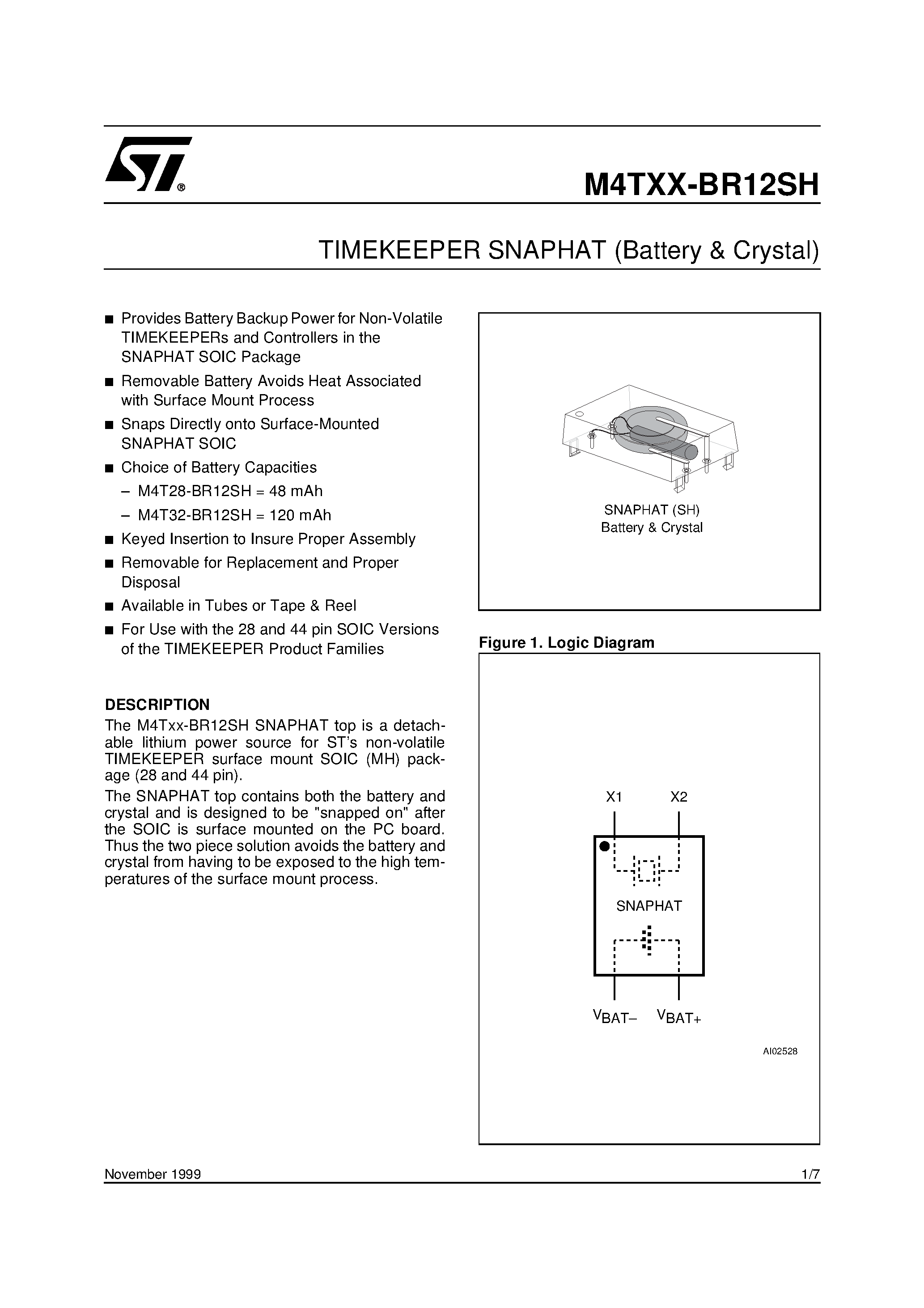 Datasheet M4T28-BR12SH1 - TIMEKEEPER SNAPHAT Battery & Crystal page 1