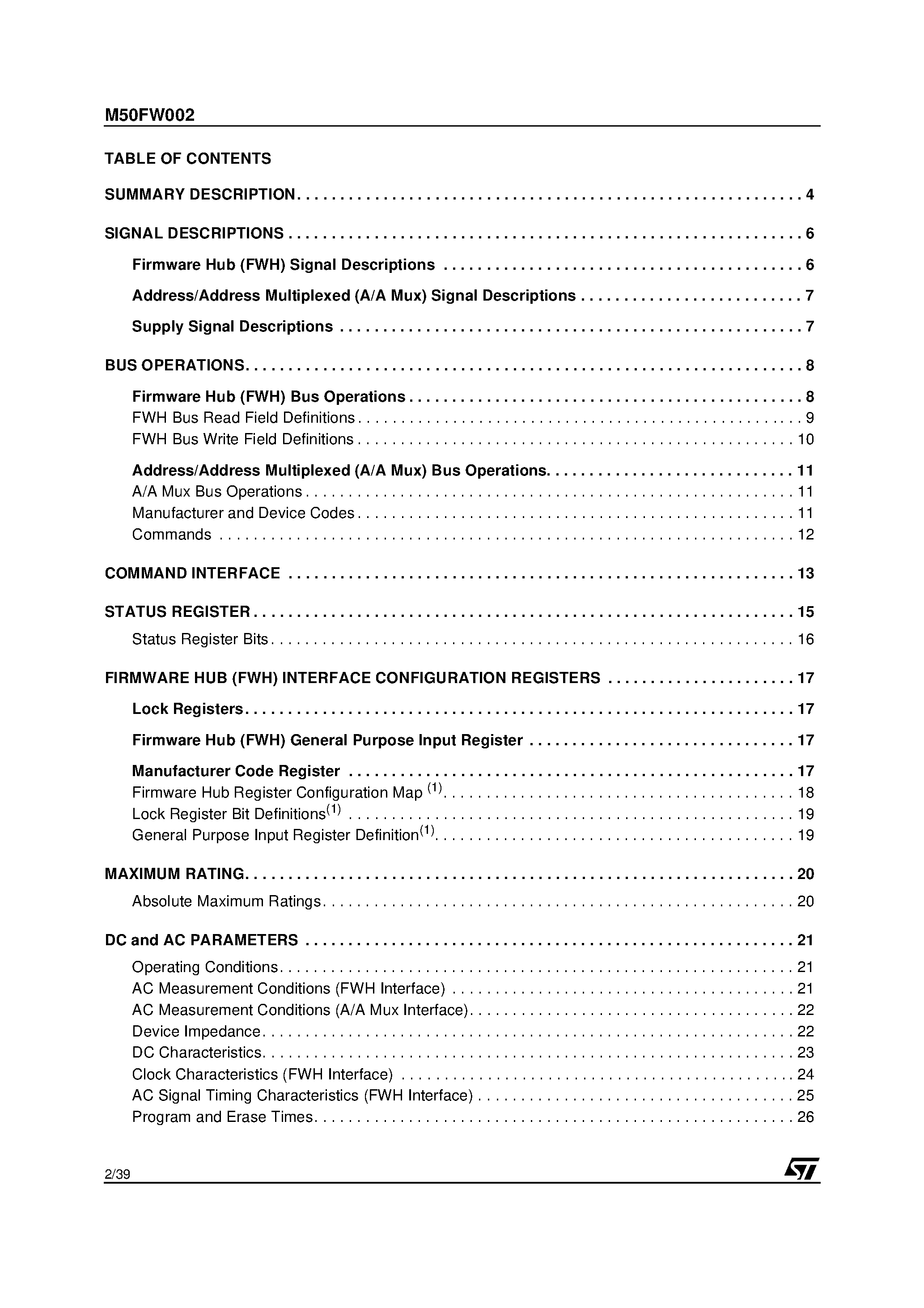 Даташит M50FW002 - 2 Mbit 256Kb x8/ Boot Block 3V Supply Firmware Hub Flash Memory страница 2