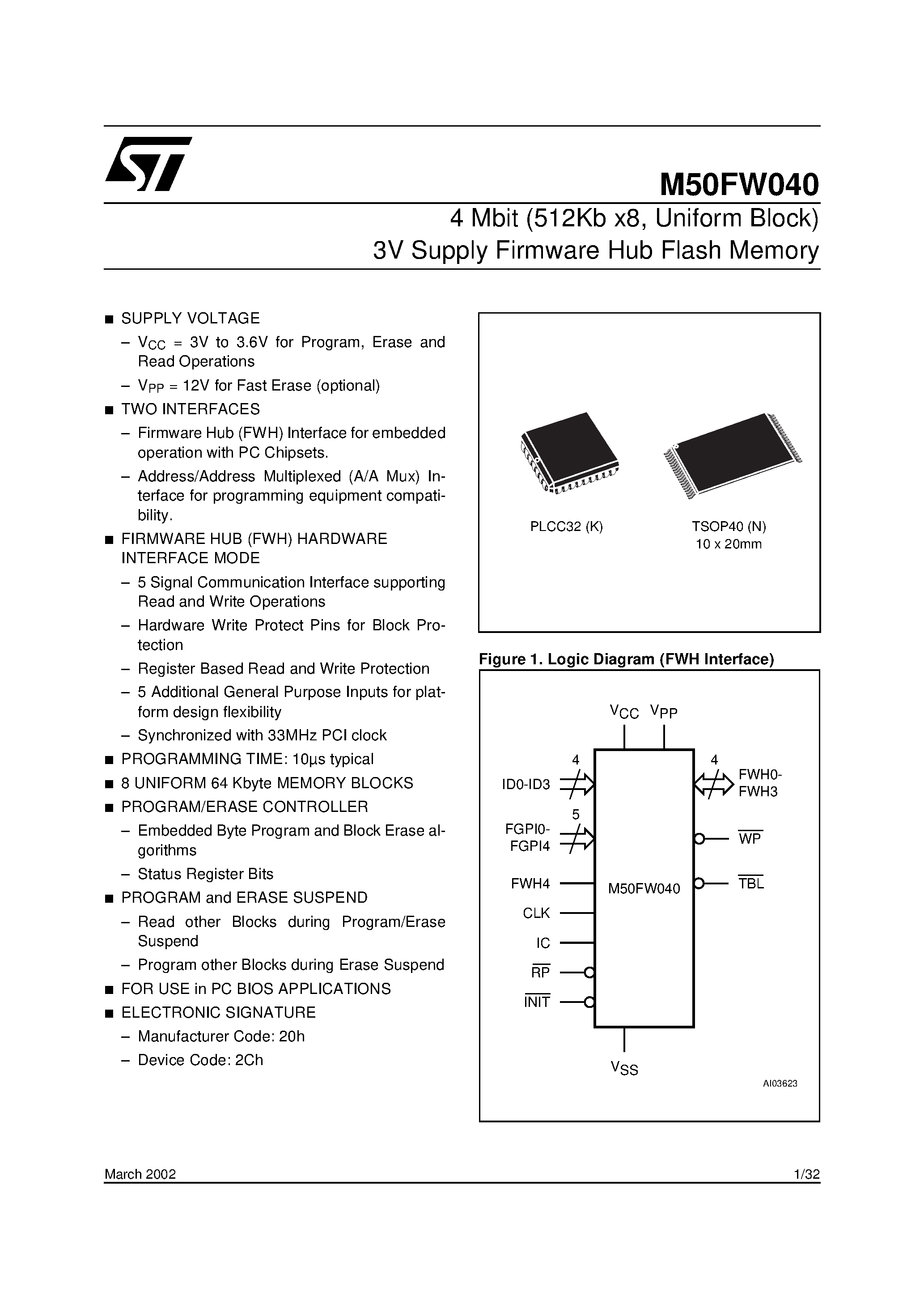 Datasheet M50FW040 - 4 Mbit 512Kb x8/ Uniform Block 3V Supply Firmware Hub Flash Memory page 1