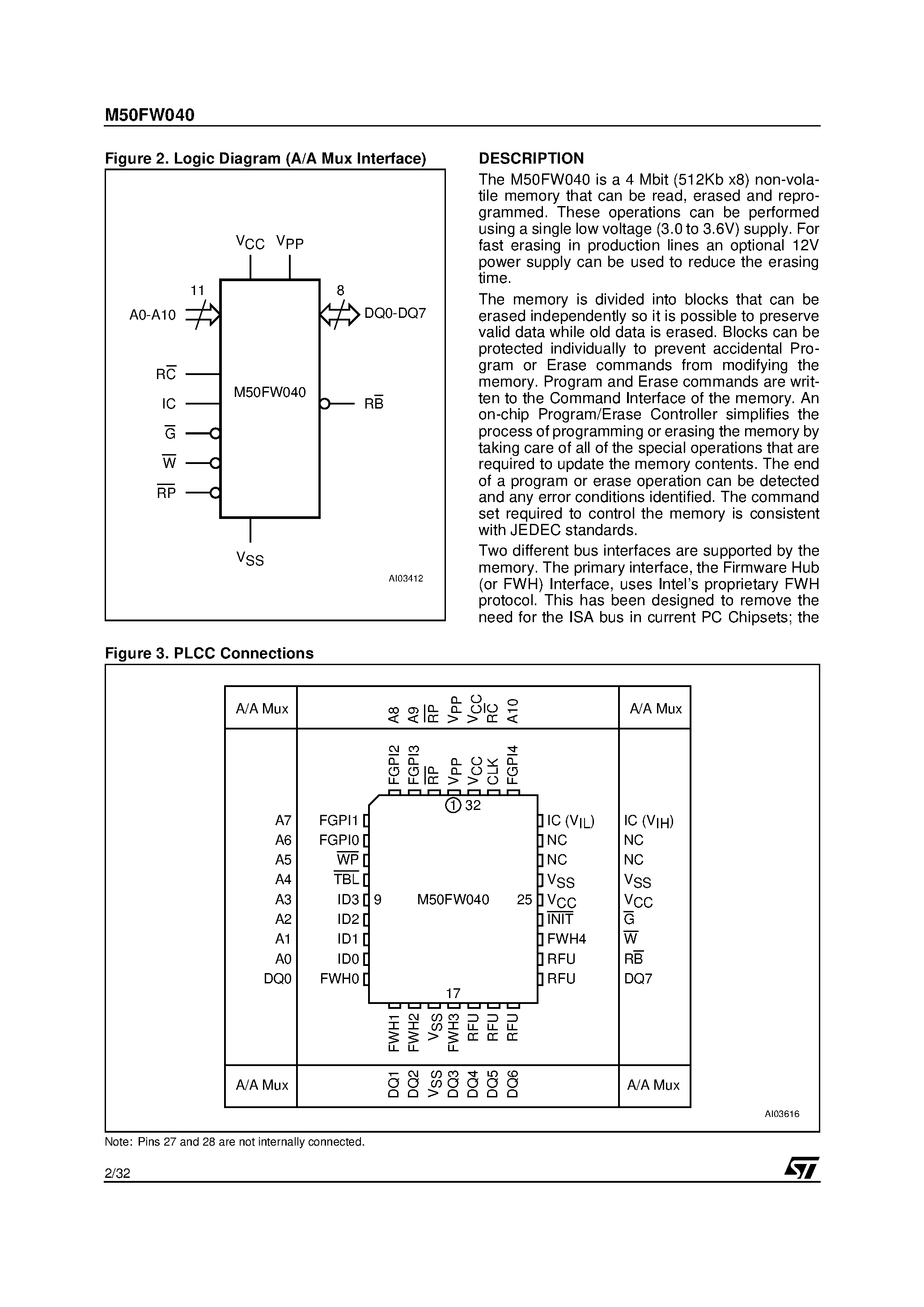Datasheet M50FW040 - 4 Mbit 512Kb x8/ Uniform Block 3V Supply Firmware Hub Flash Memory page 2