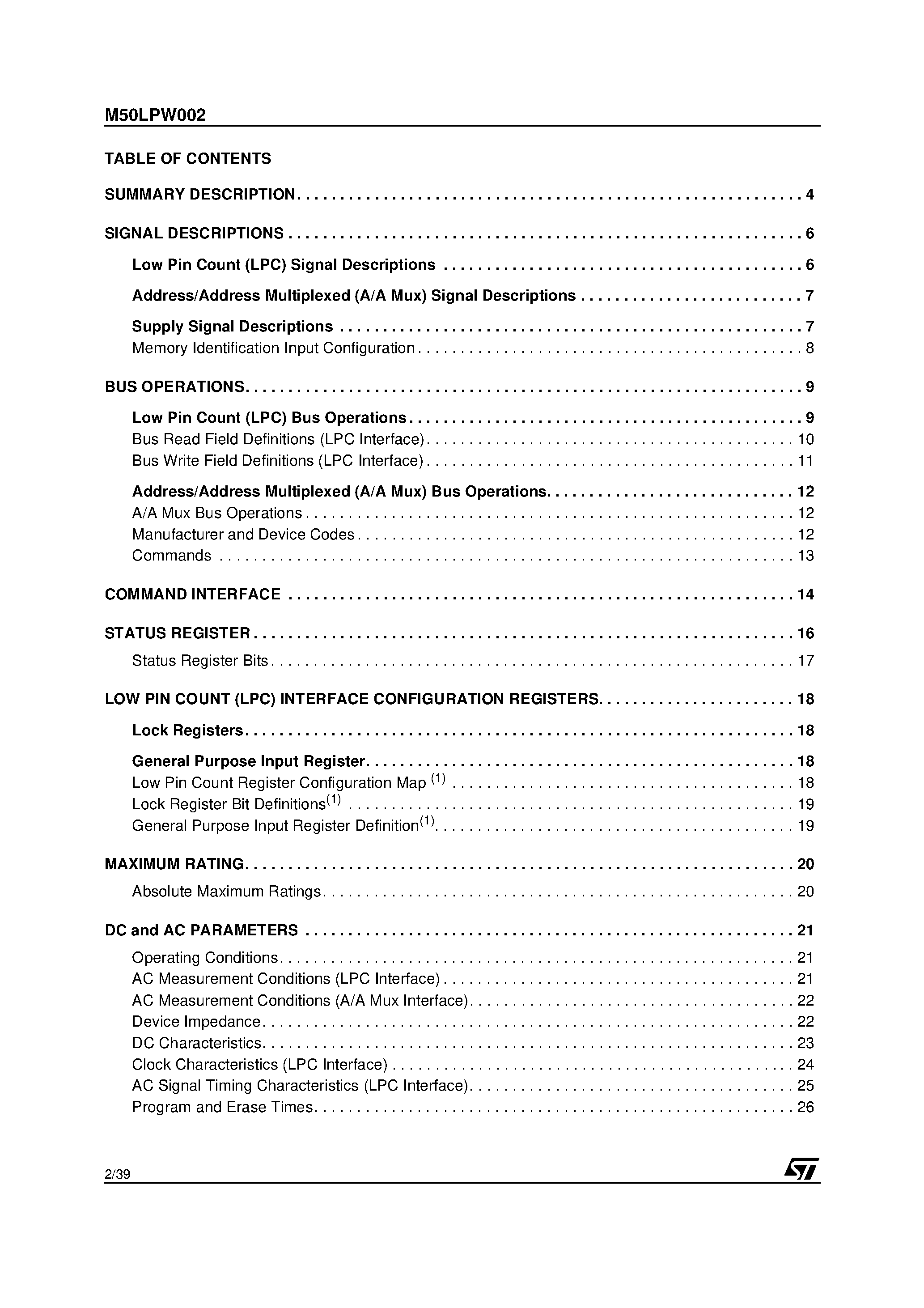 Даташит M50LPW002 - 2 Mbit 256Kb x8/ Boot Block 3V Supply Low Pin Count Flash Memory страница 2