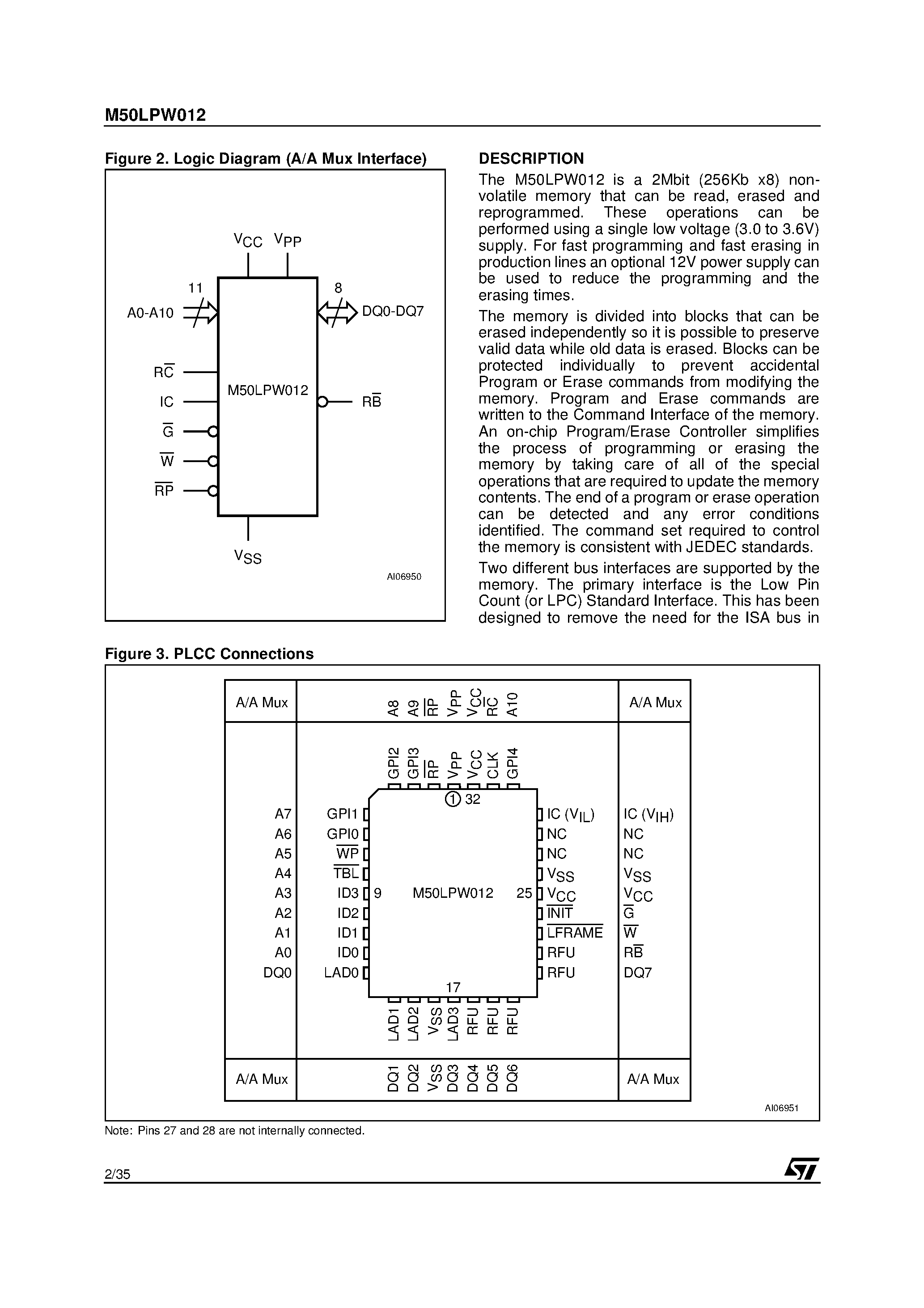 Даташит M50LPW012 - 2 Mbit 256Kb x8/ Boot Block 3V Supply Low Pin Count Flash Memory страница 2