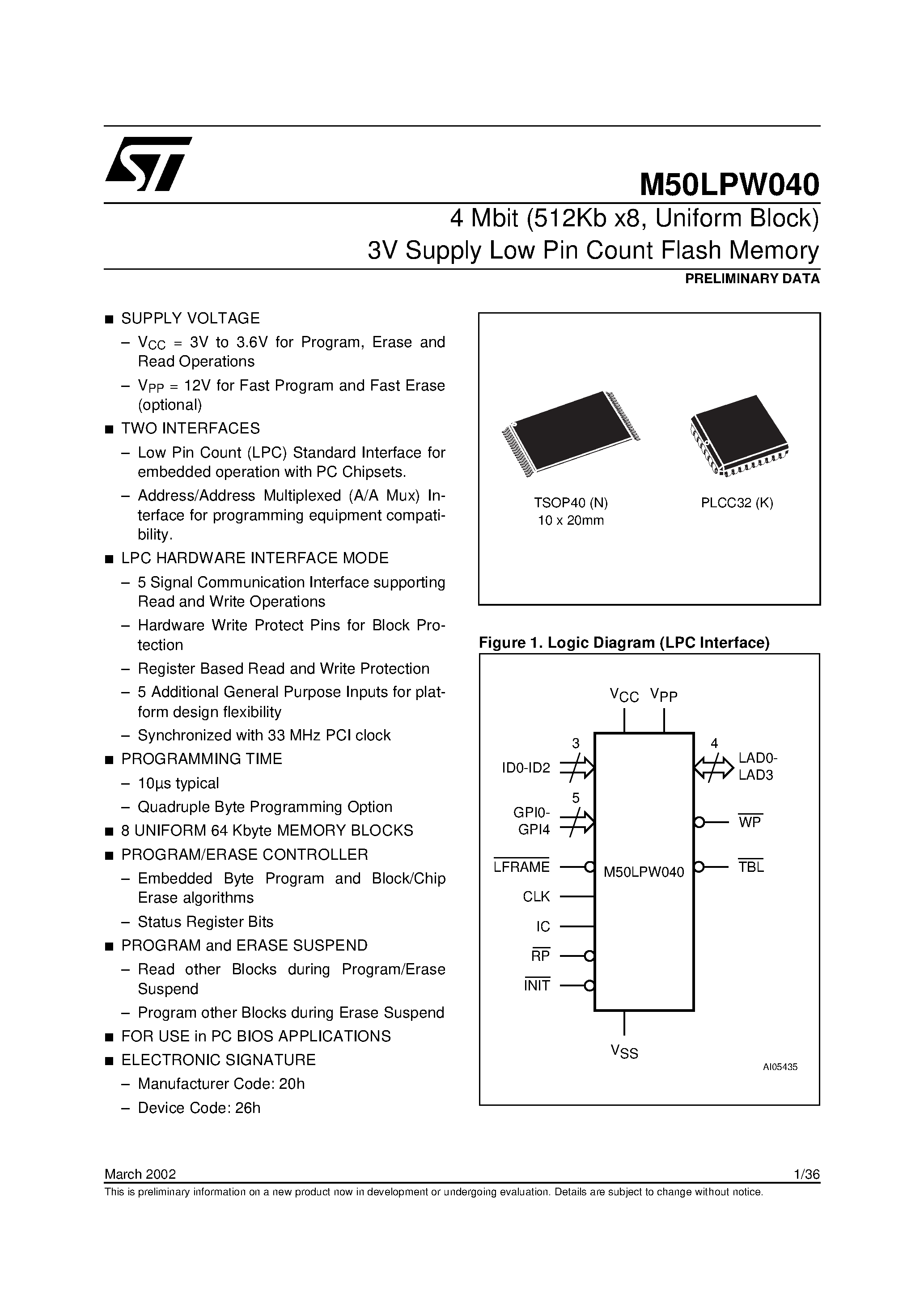 Datasheet M50LPW040 - 4 Mbit 512Kb x8/ Uniform Block 3V Supply Low Pin Count Flash Memory page 1
