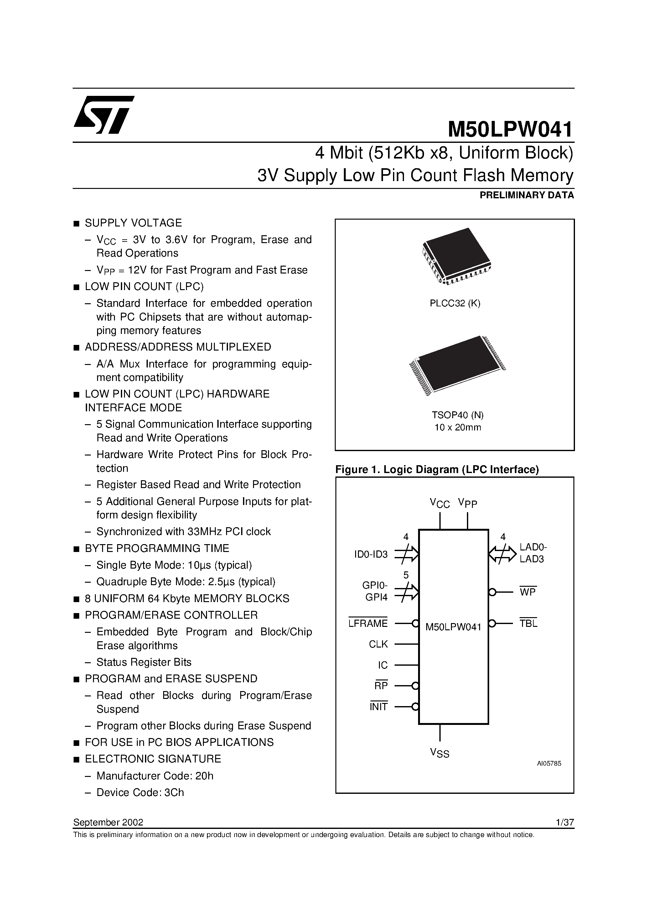 Datasheet M50LPW041 - 4 Mbit 512Kb x8/ Uniform Block 3V Supply Low Pin Count Flash Memory page 1