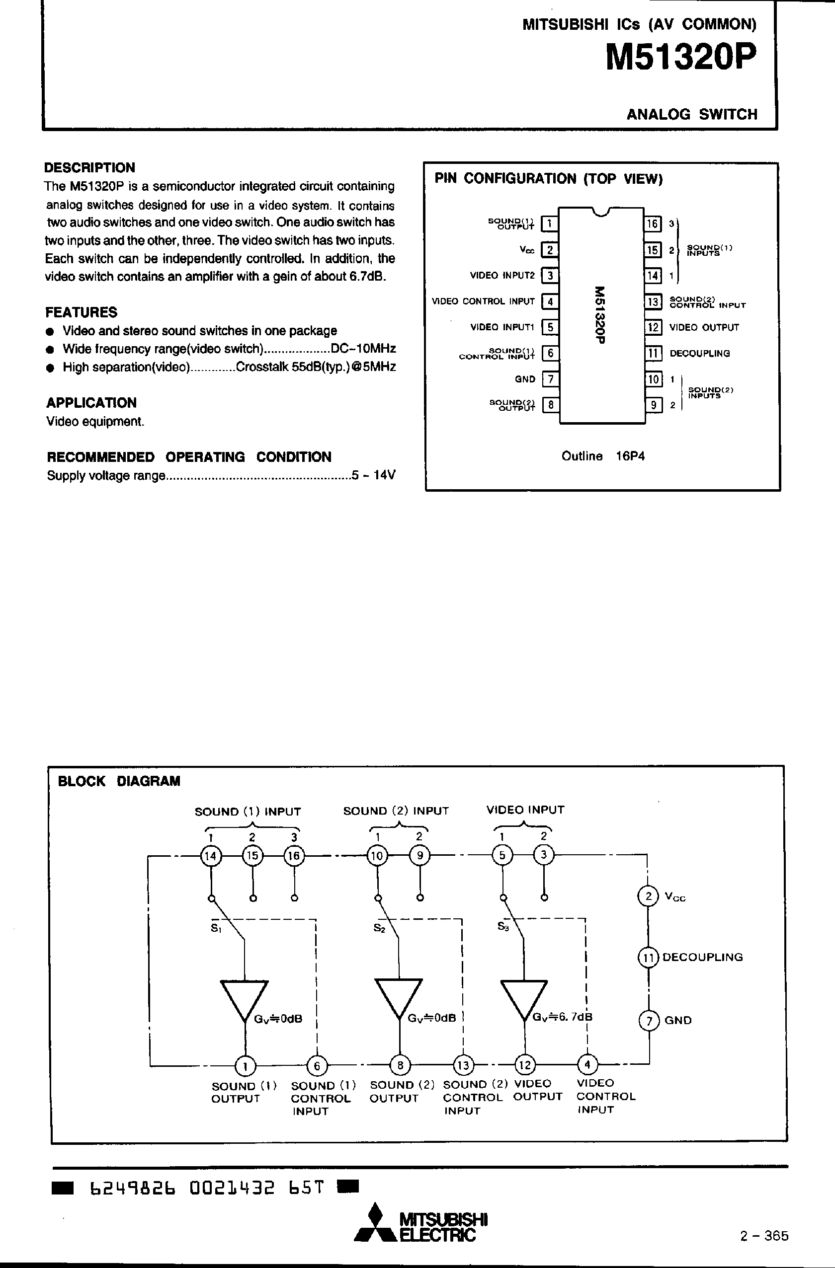 Datasheet M51320P page 1 Datasheet M51320P - ANALOG SWITCH page 1