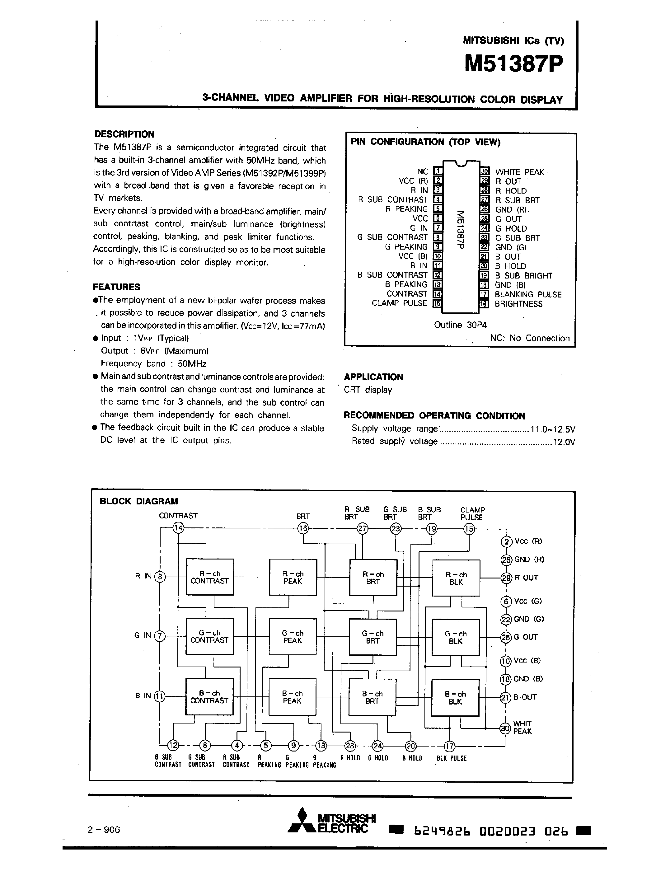 Datasheet M51387P - 3-CHANNEL VIDEO AMPLIFIER FOR HIGH-RESOLUTION COLOR DISPLAY page 1