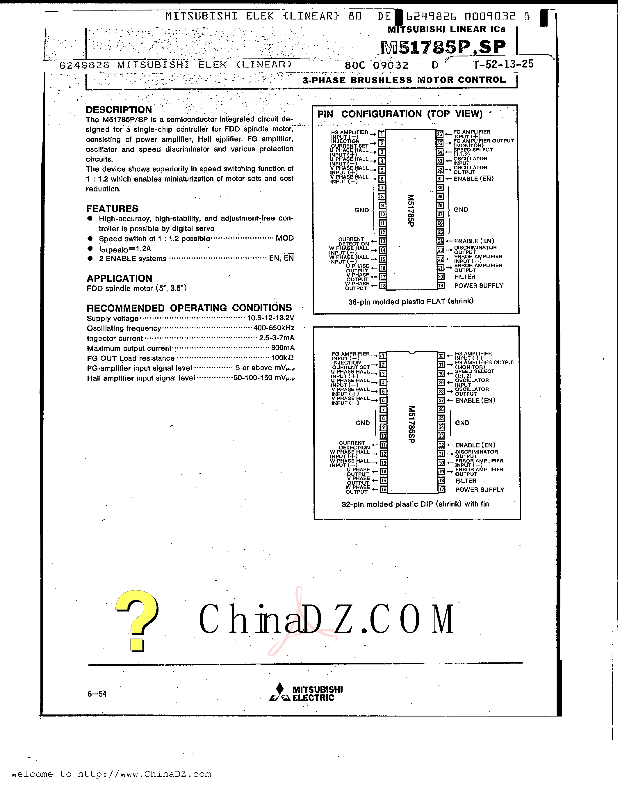 Datasheet M51785P - 3 PHASE BRUSHLESS MOTOR CONTROL page 1