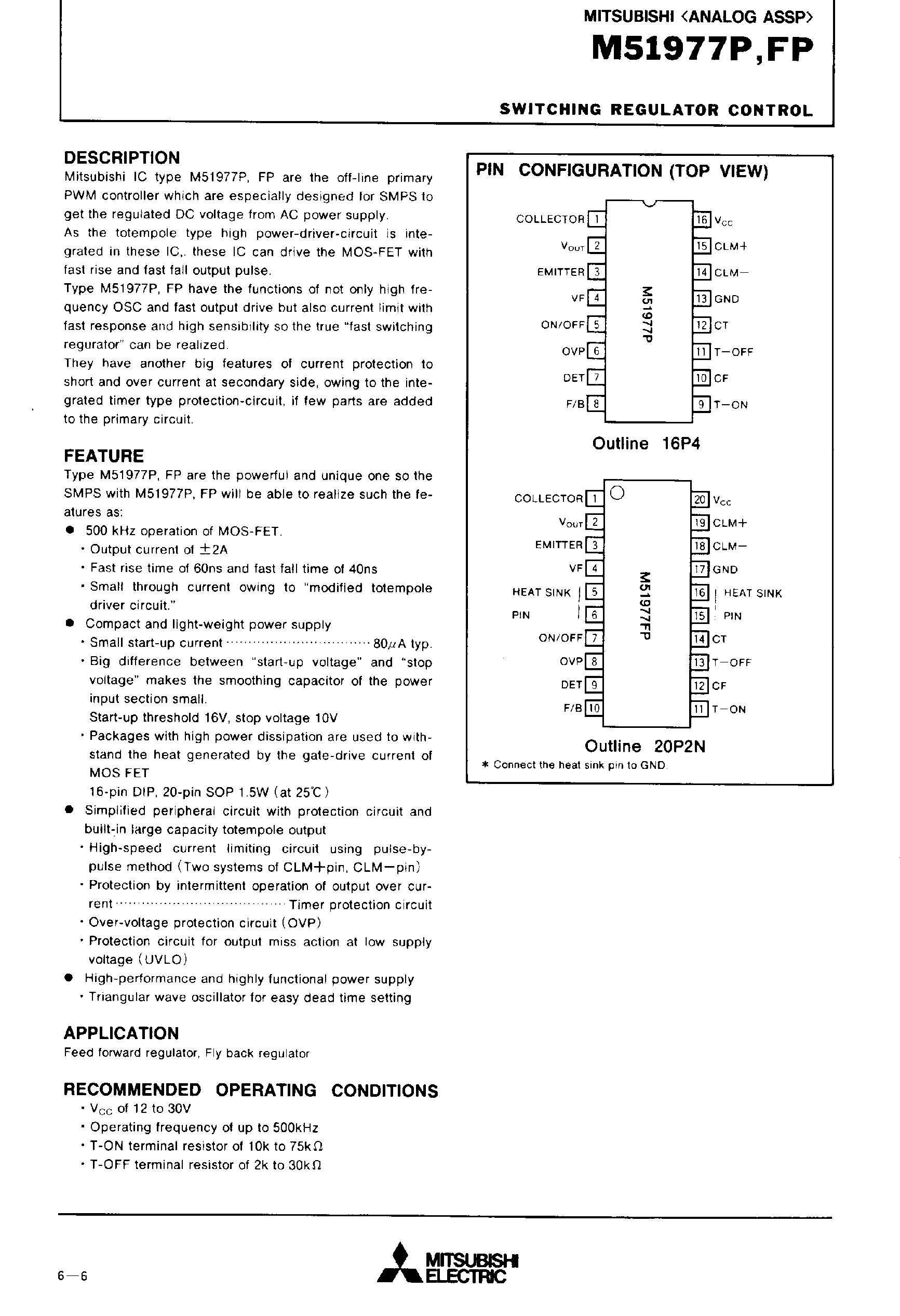 Datasheet M51977P page 1 Datasheet M51977P - SWITCHING REGULATIR CONTROL page 1
