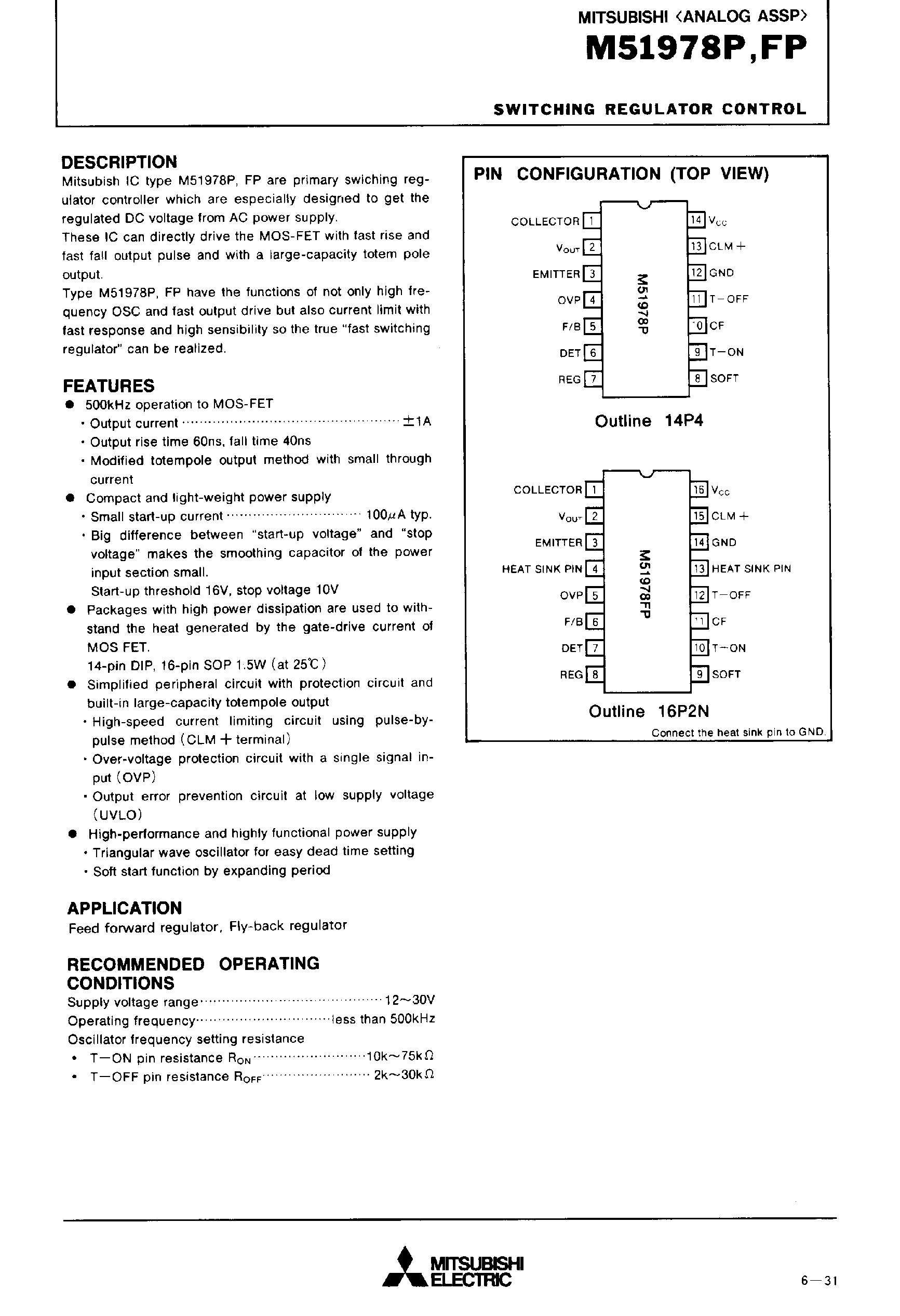 Datasheet M51978P page 1 Datasheet M51978P - SWITCHING REGULATOR CONTROL page 1