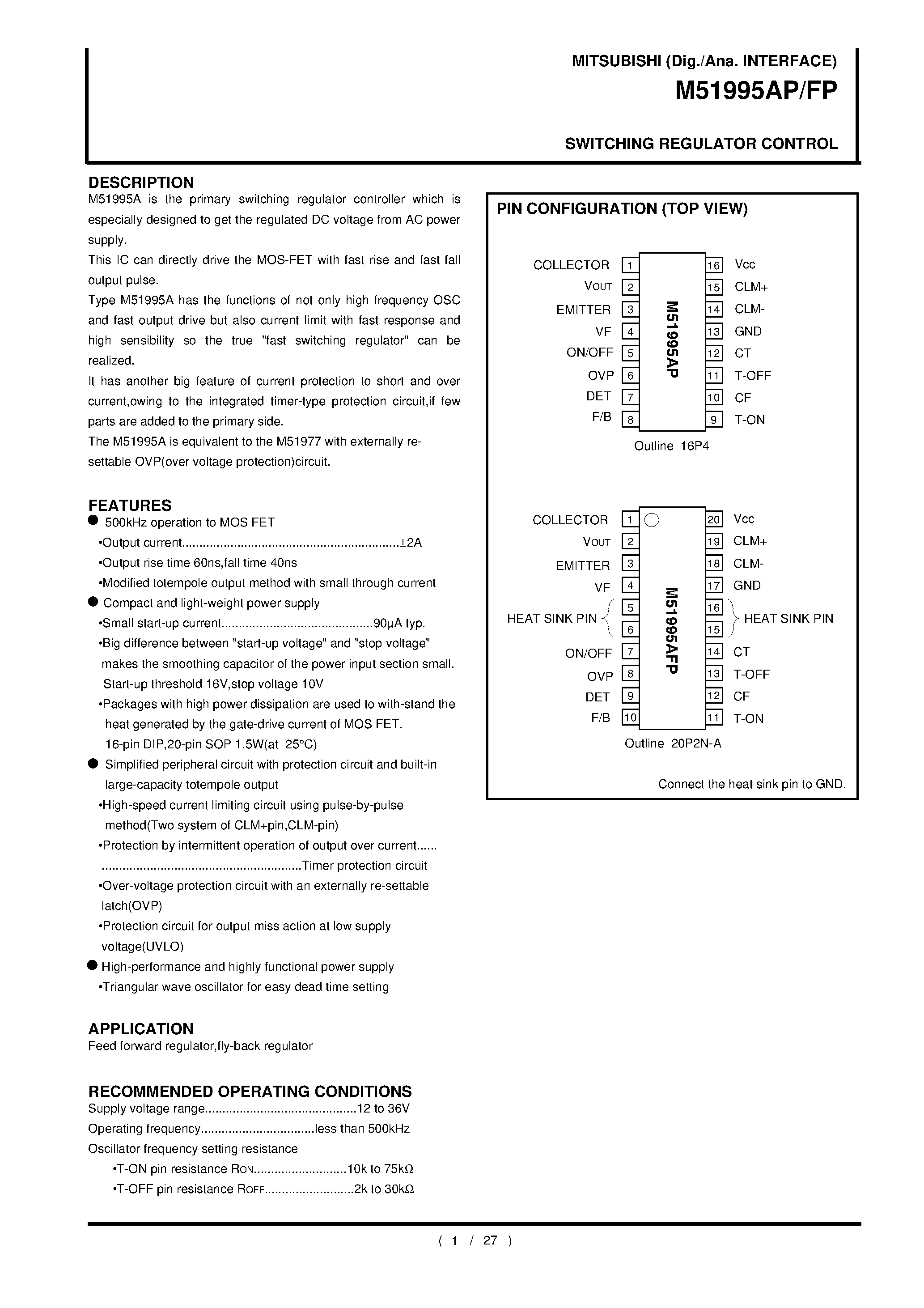 Datasheet M51995FP page 1 Datasheet M51995FP - SWITCHING REGULATOR CONTROL page 1