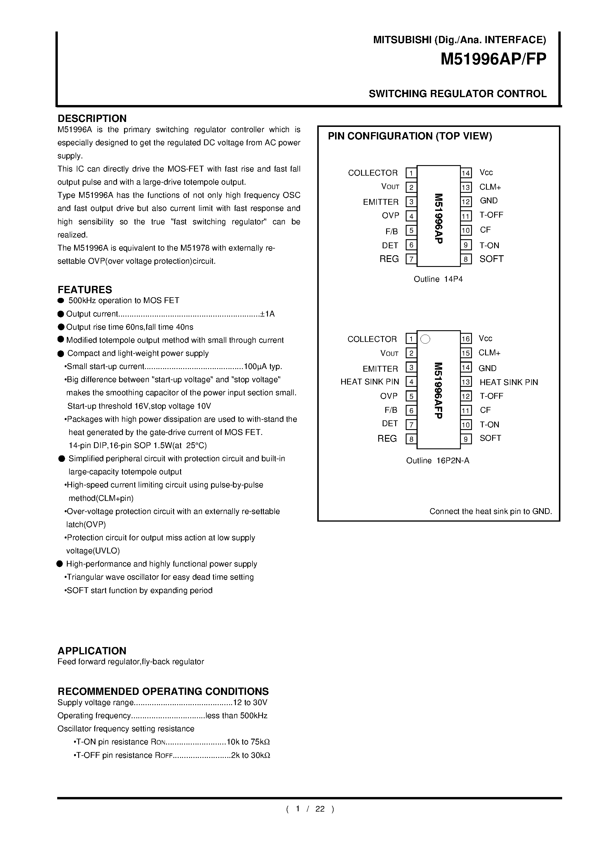 Datasheet M51996FP - SWITCHING REGULATOR CONTROL page 1