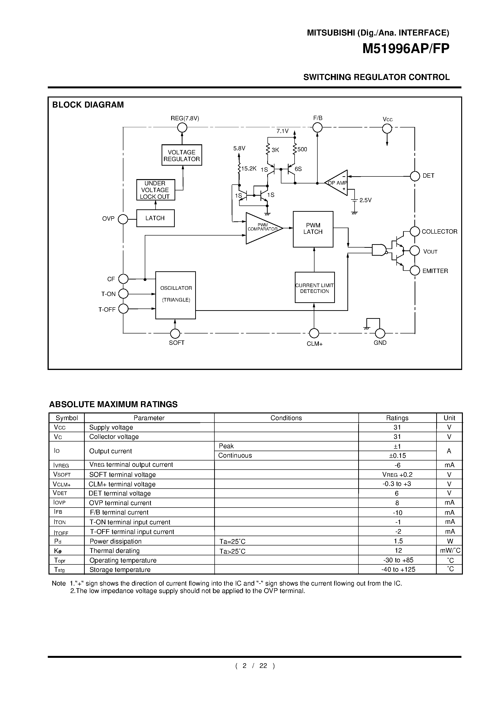 Datasheet M51996FP - SWITCHING REGULATOR CONTROL page 2