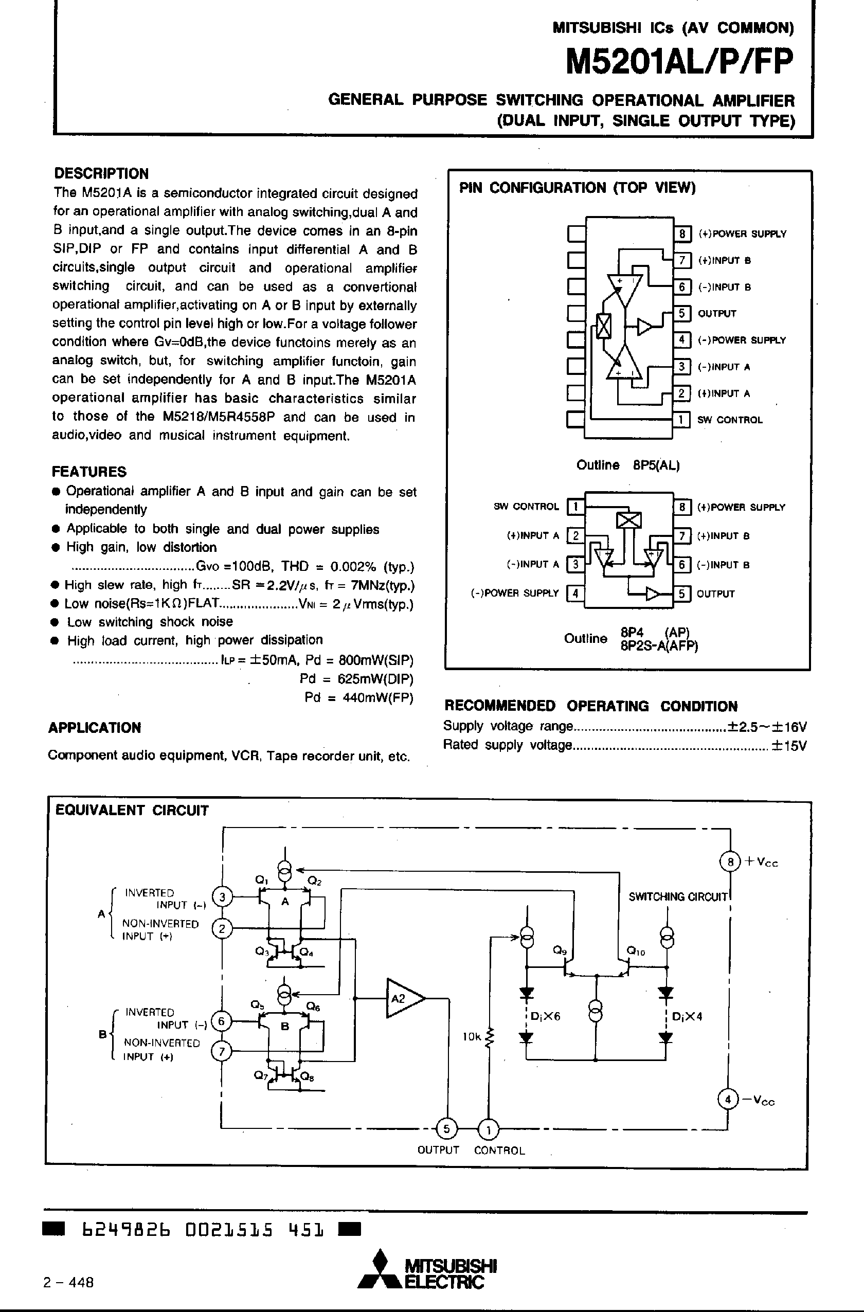 Datasheet M5201FP page 1 Datasheet M5201FP - GENERAL PURPOSE SWITCHING OPERATIONAL AMPLIFIER(DUAL INPUT/ SINGLE OUTPUT TYPE) page 1