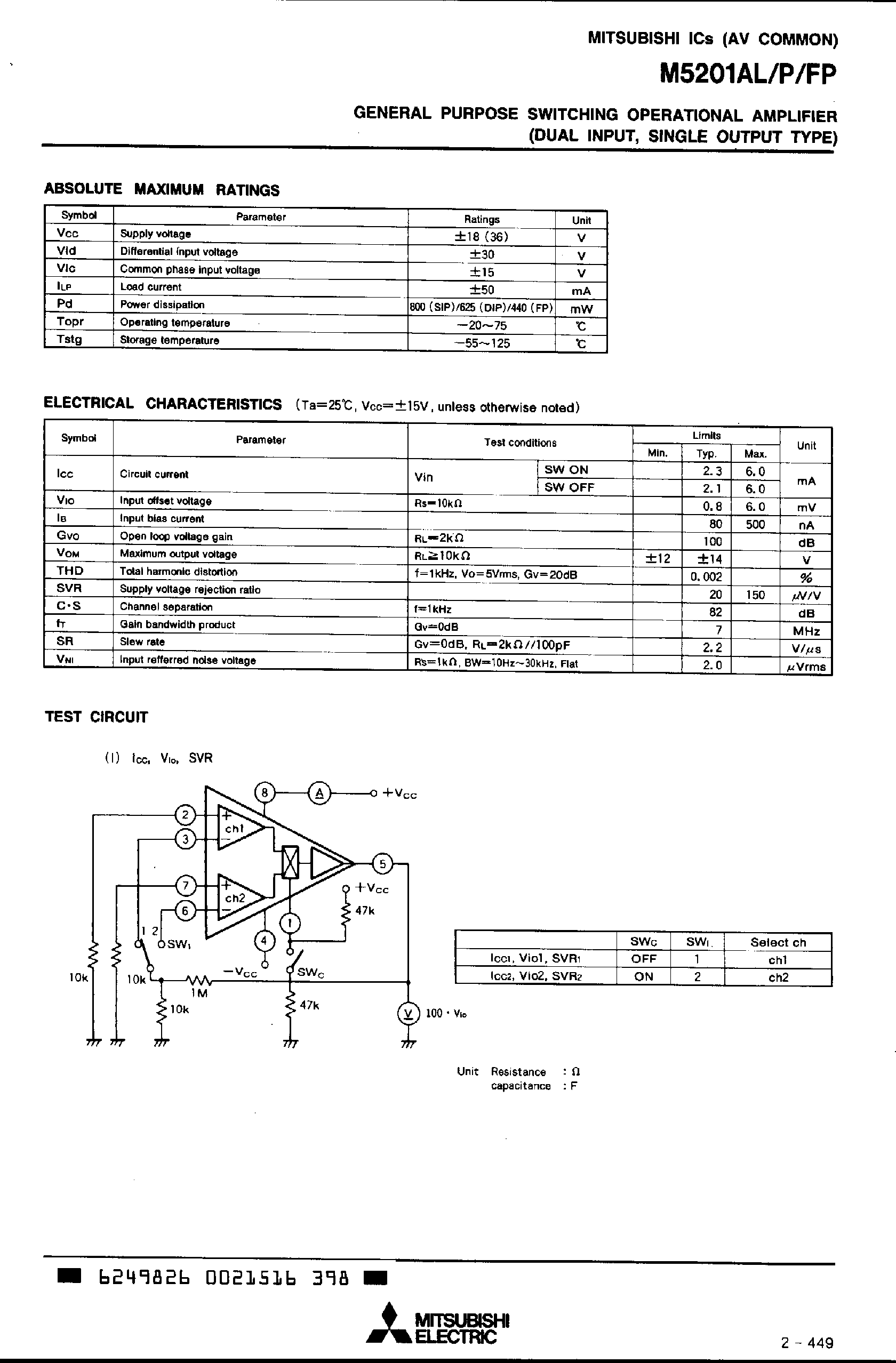 Datasheet M5201FP page 2 Datasheet M5201FP - GENERAL PURPOSE SWITCHING OPERATIONAL AMPLIFIER(DUAL INPUT/ SINGLE OUTPUT TYPE) page 2