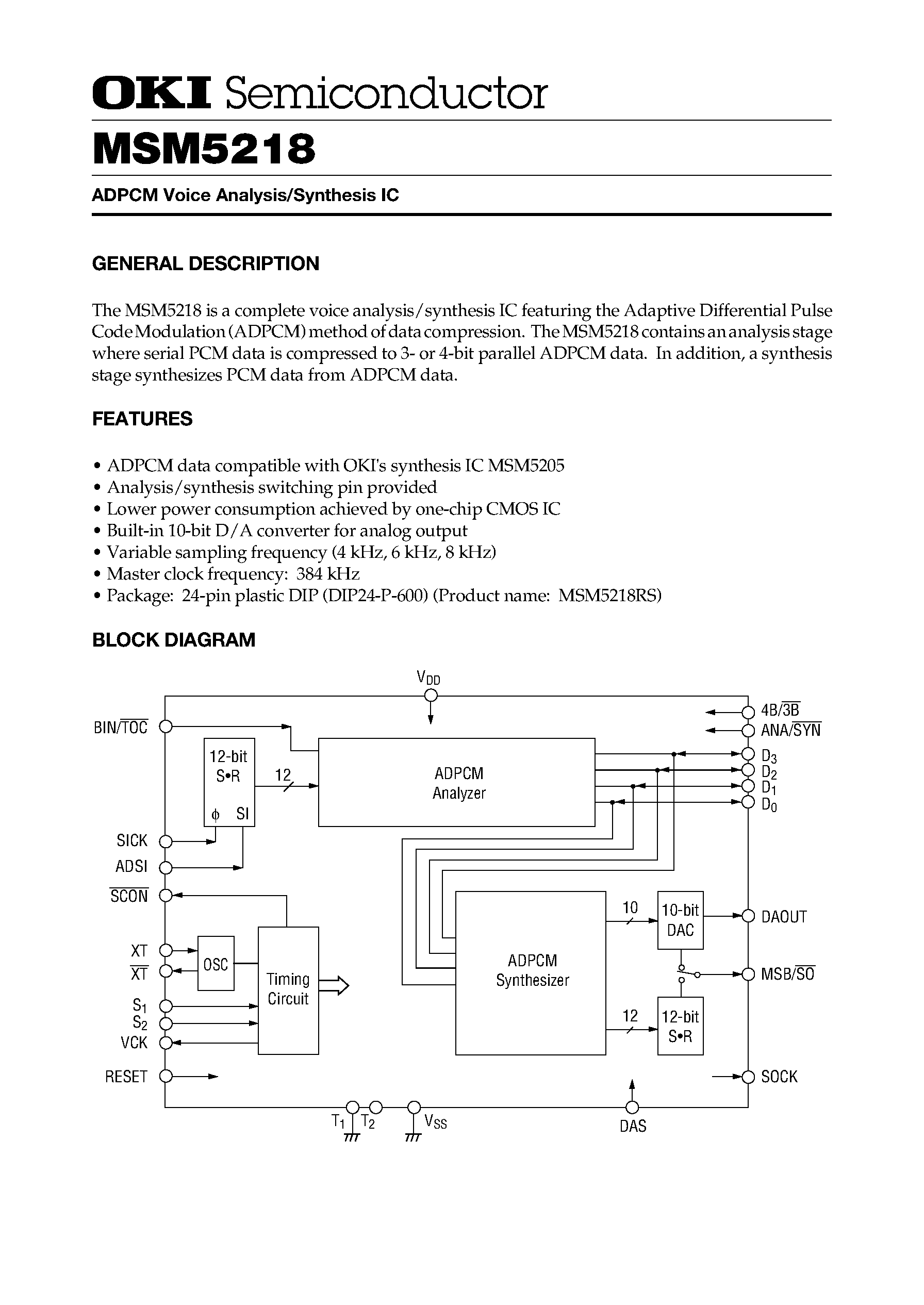 Даташит M5218 - ADPCM Voice Analysis/Synthesis IC страница 1