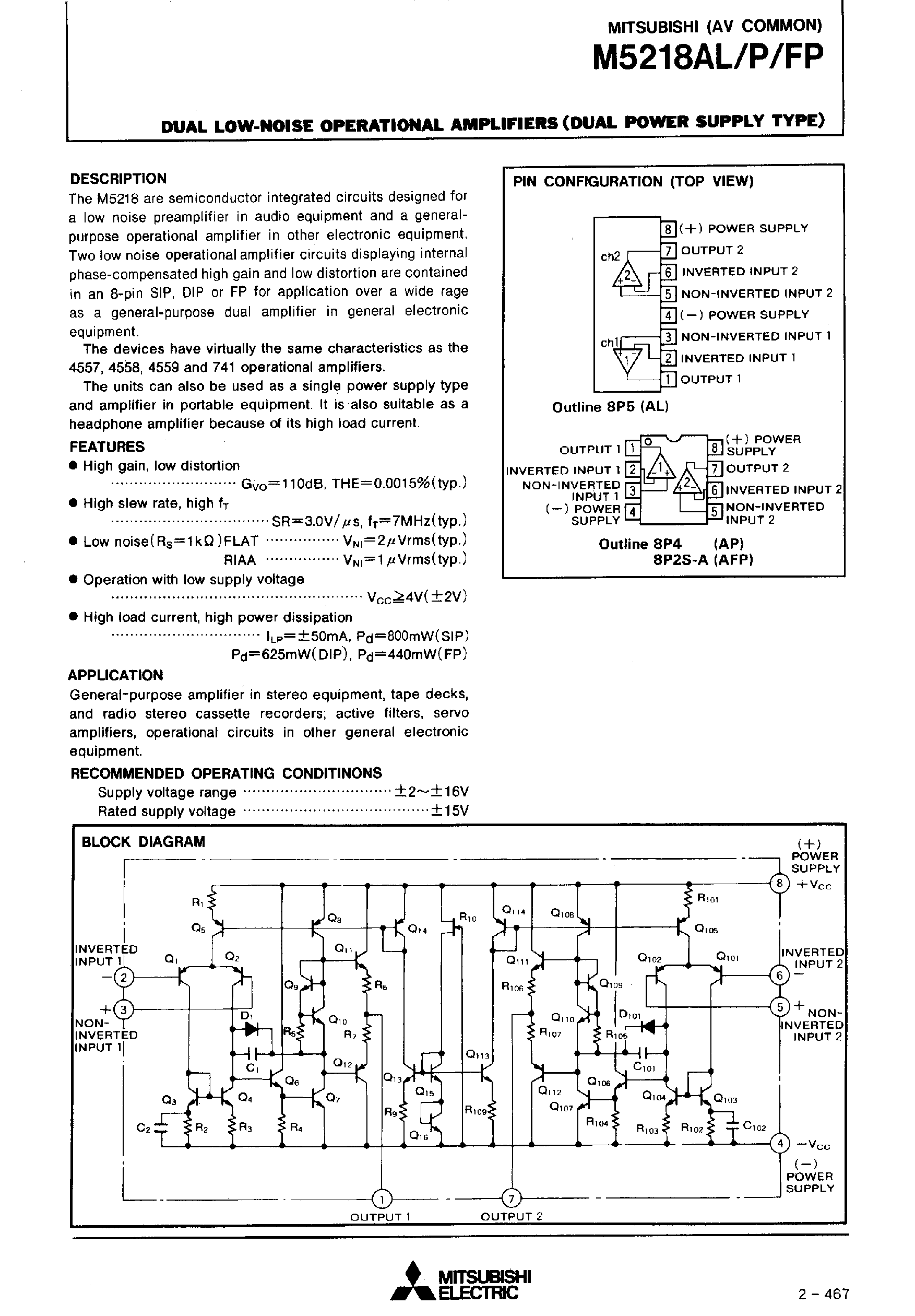 Даташит M5218AL - DUAL LOW-NOISE OPERATIONAL AMPLIFIERS(DUAL POWER SUPPLY TYPE) страница 1