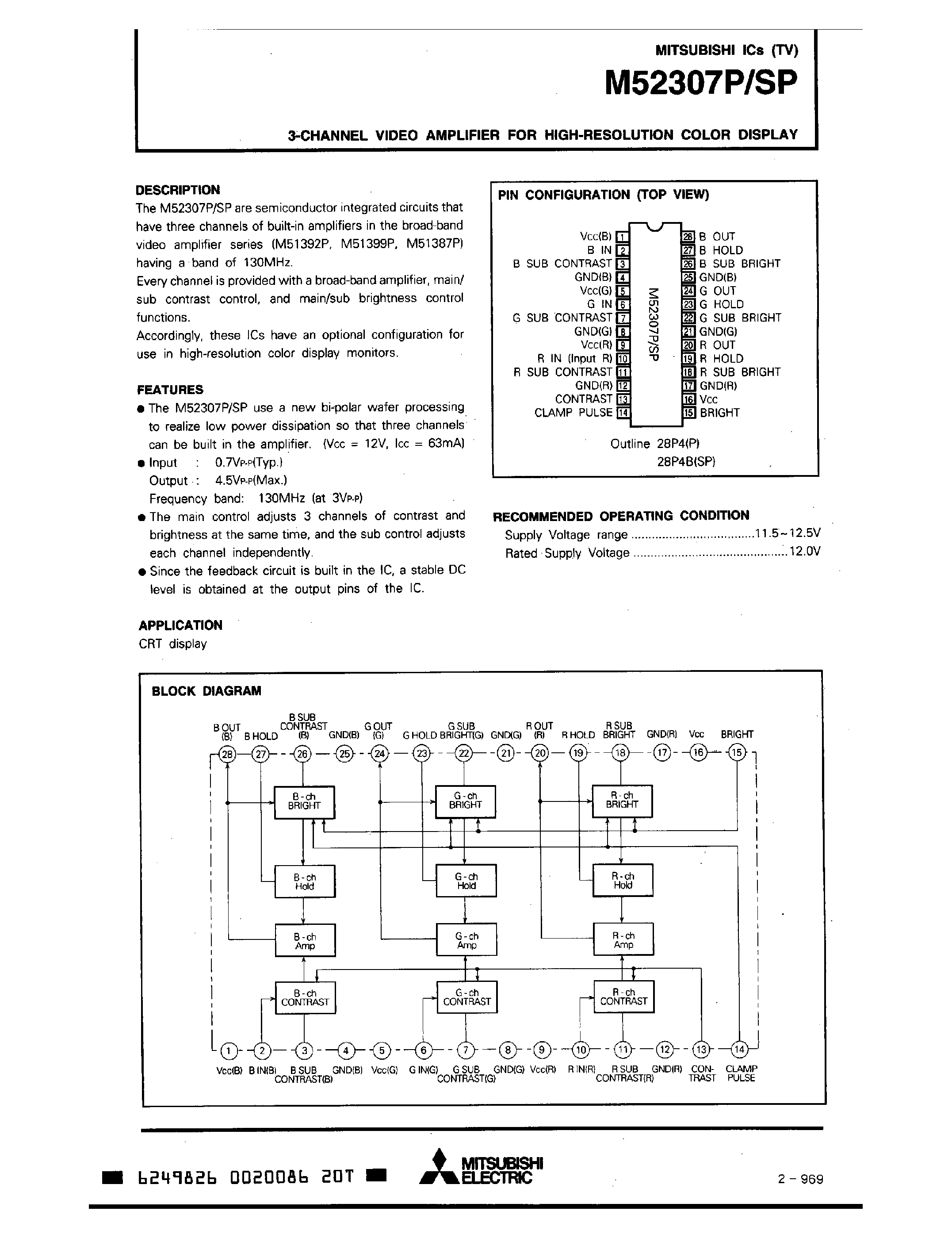 Datasheet M52307SP - 3-CHANNEL VIDEO AMPLIFIER FOR HIGH-RESOLUTION COLOR DISPLAY page 1
