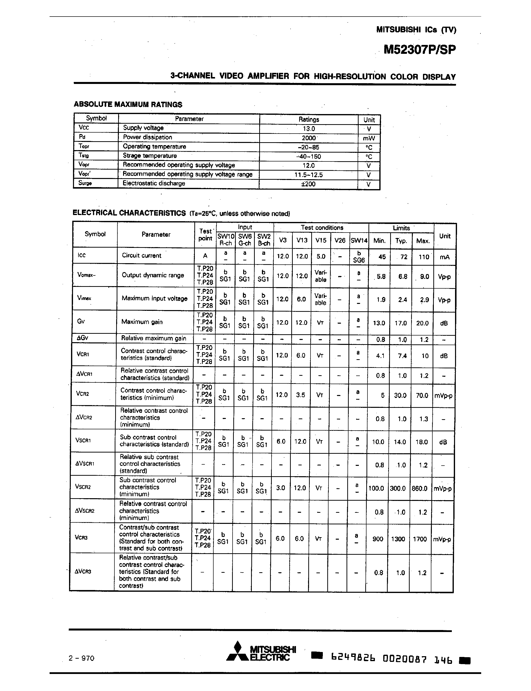 Datasheet M52307SP - 3-CHANNEL VIDEO AMPLIFIER FOR HIGH-RESOLUTION COLOR DISPLAY page 2