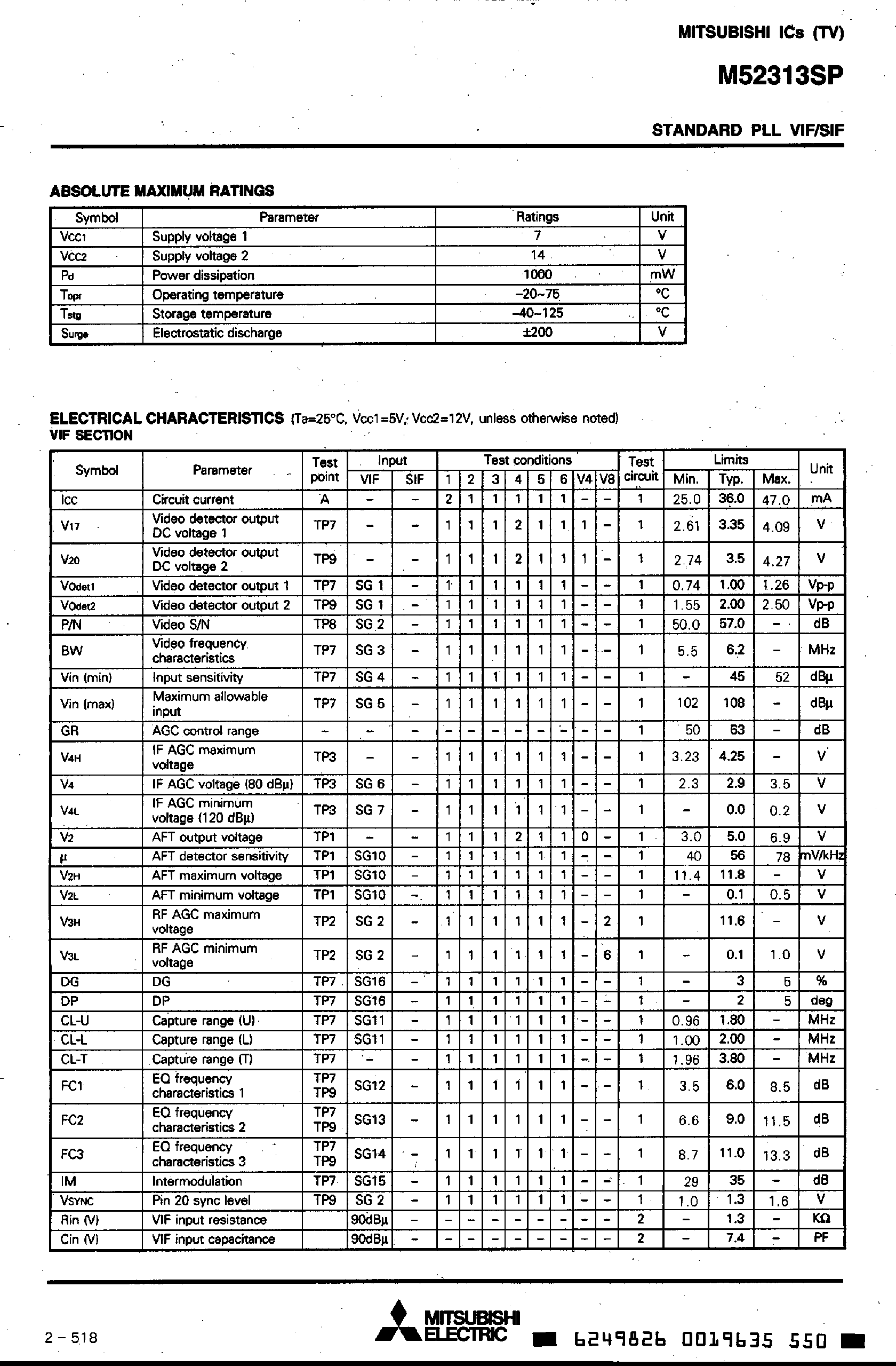 Даташит на микросхему M52313SP страница 2 Даташит M52313SP - STANDARD PLL VIF/SIF страница 2