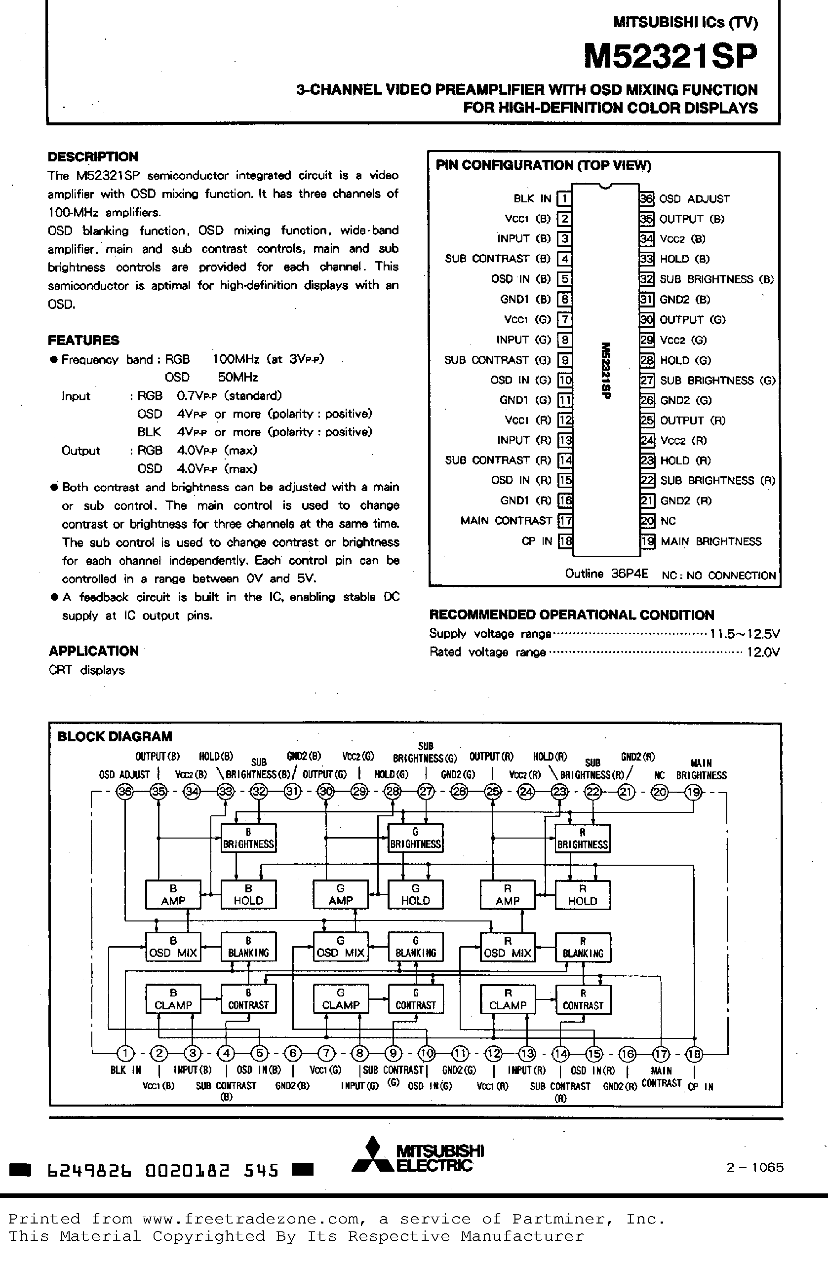 Datasheet M52321SP - 3 CHANNEL VIDEO PREAMPLIFIER WITH OSD MIXING FUNTION FOR HIGH DEFINITION COLOR DISPLAYS page 1