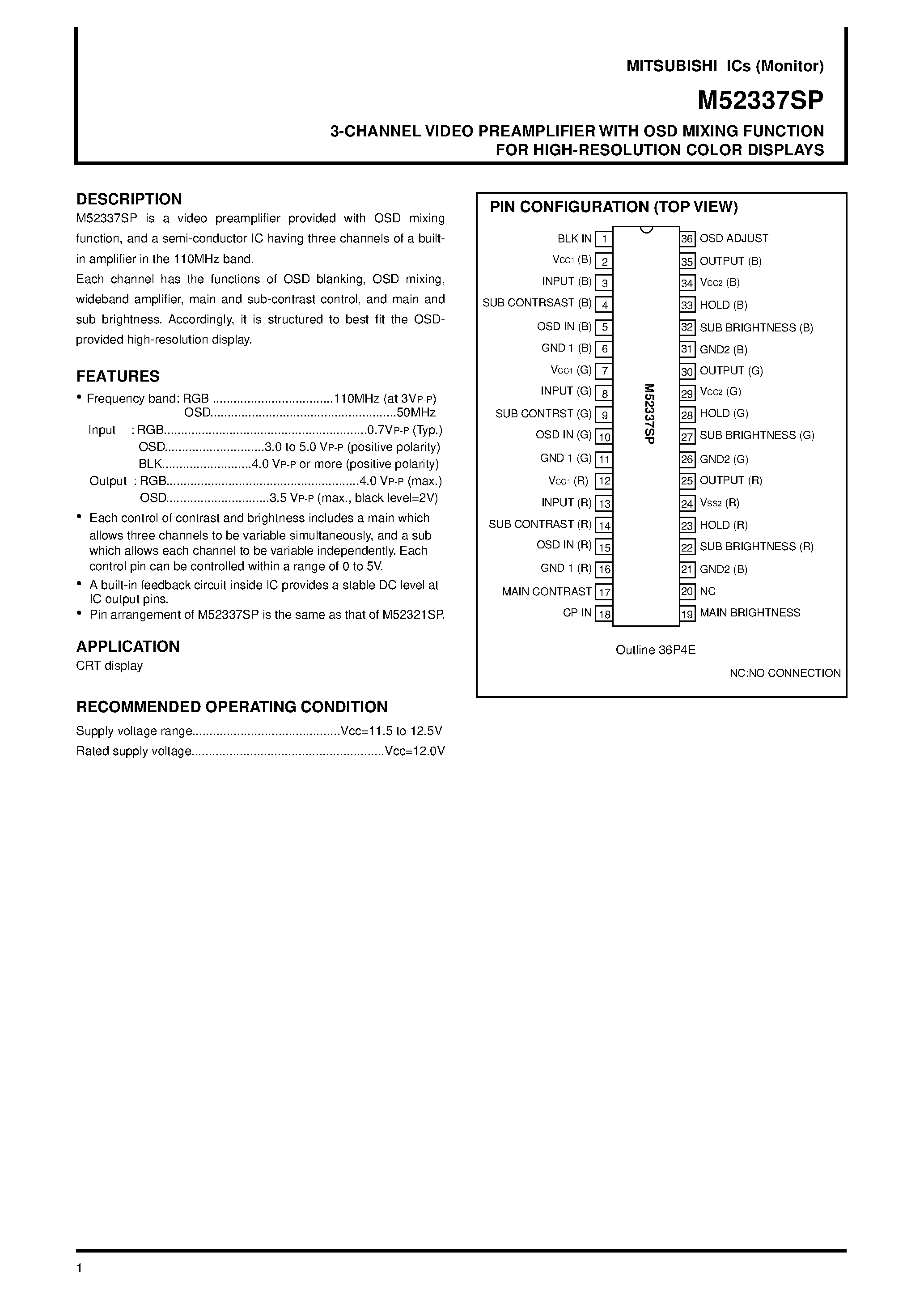 Datasheet M52337SP - 3-CHANNEL VIDEO PREAMPLIFIER WITH OSD MIXING FUNCTION FOR HIGH-RESOLUTION COLOR DISPLAYS page 1