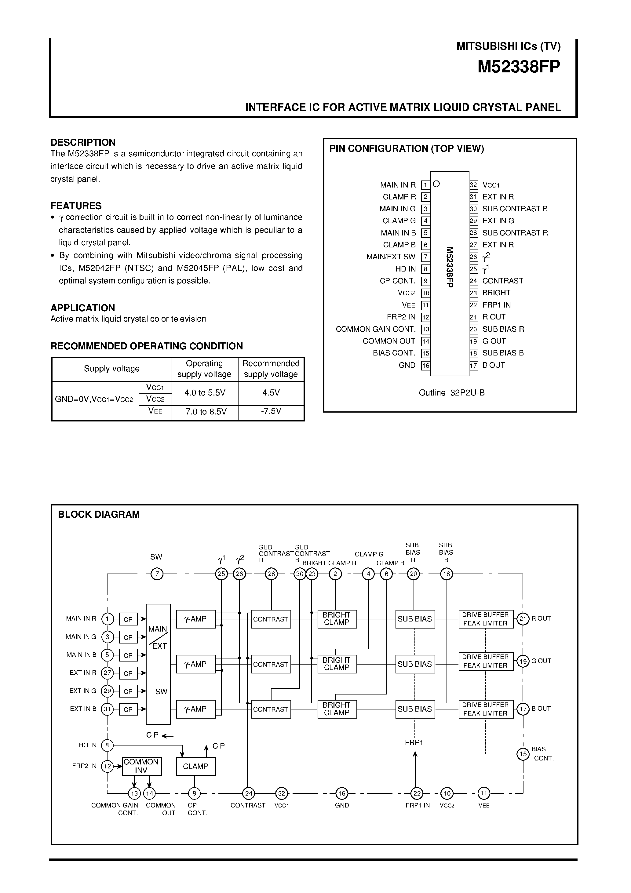 Даташит M52338 - INTERFACE IC FOR ACTIVE MATRIX LIQUID CRYSTAL PANEL страница 1