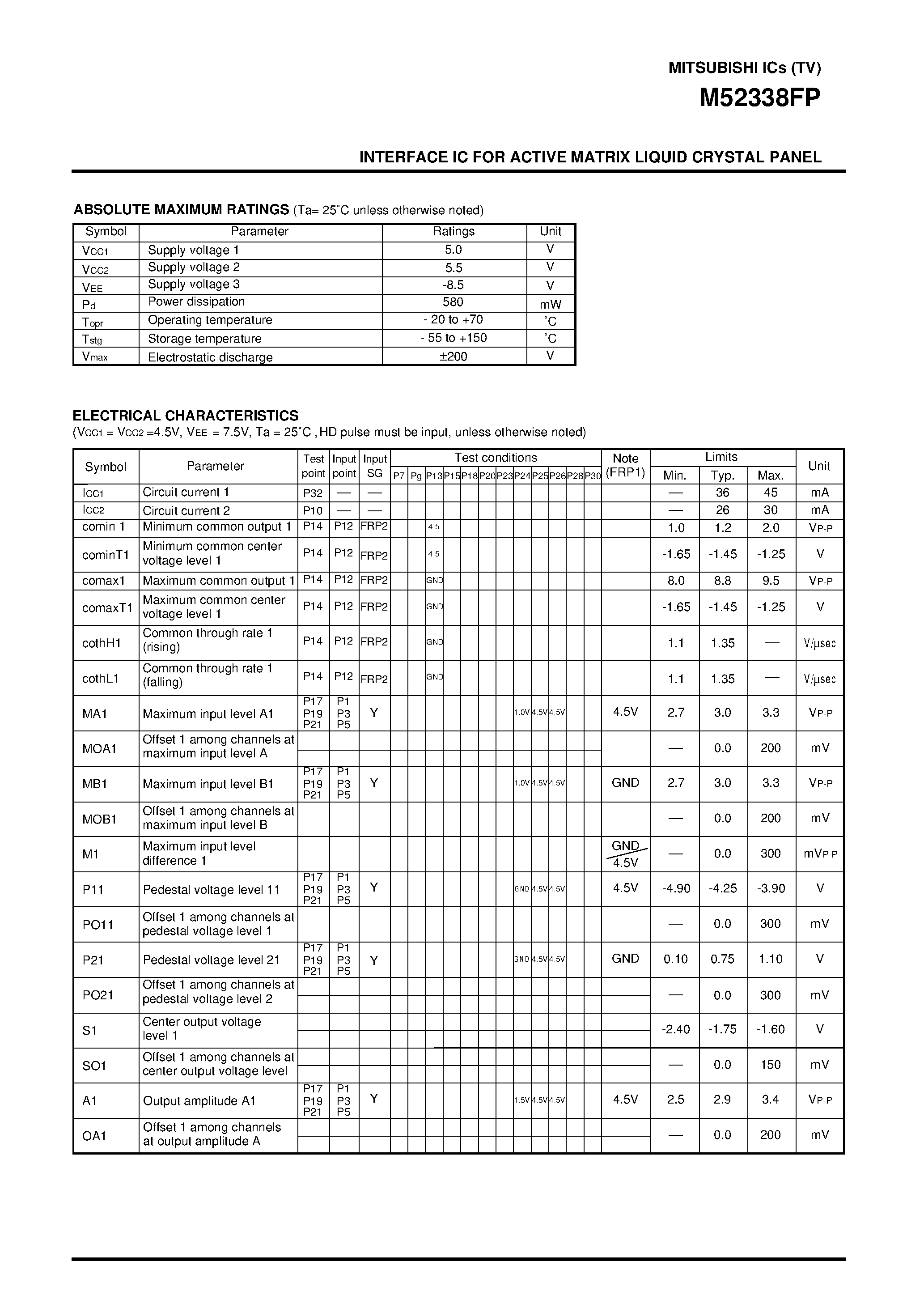 Даташит M52338 - INTERFACE IC FOR ACTIVE MATRIX LIQUID CRYSTAL PANEL страница 2