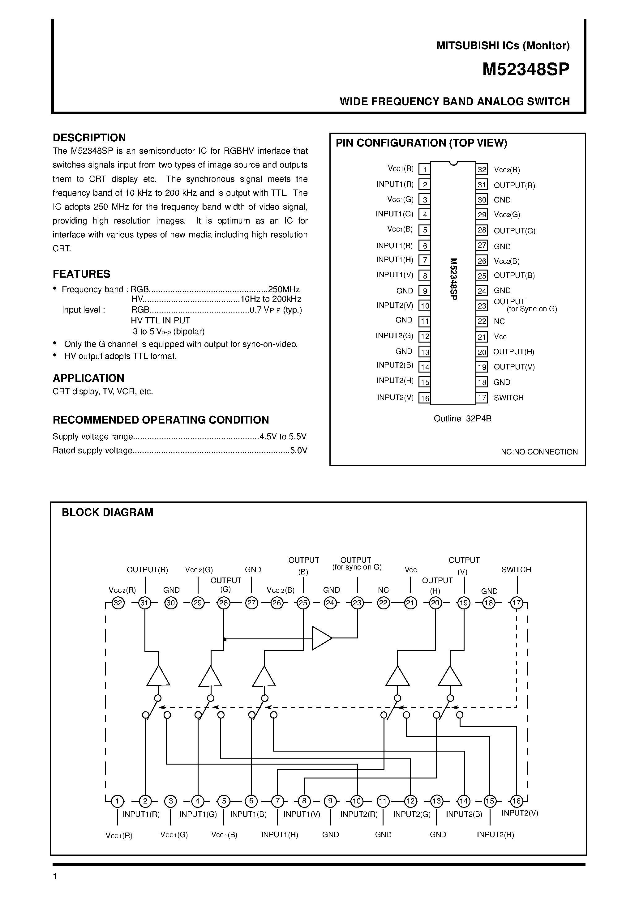 Datasheet M52348SP page 1 Datasheet M52348SP - WIDE FREQUENCY BAND ANALOG SWITCH page 1