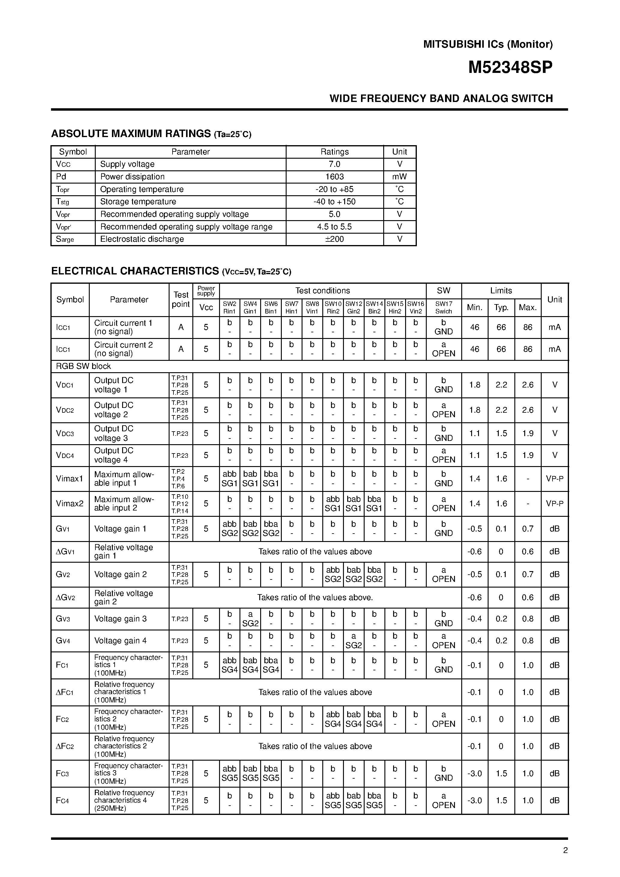 Datasheet M52348SP page 2 Datasheet M52348SP - WIDE FREQUENCY BAND ANALOG SWITCH page 2