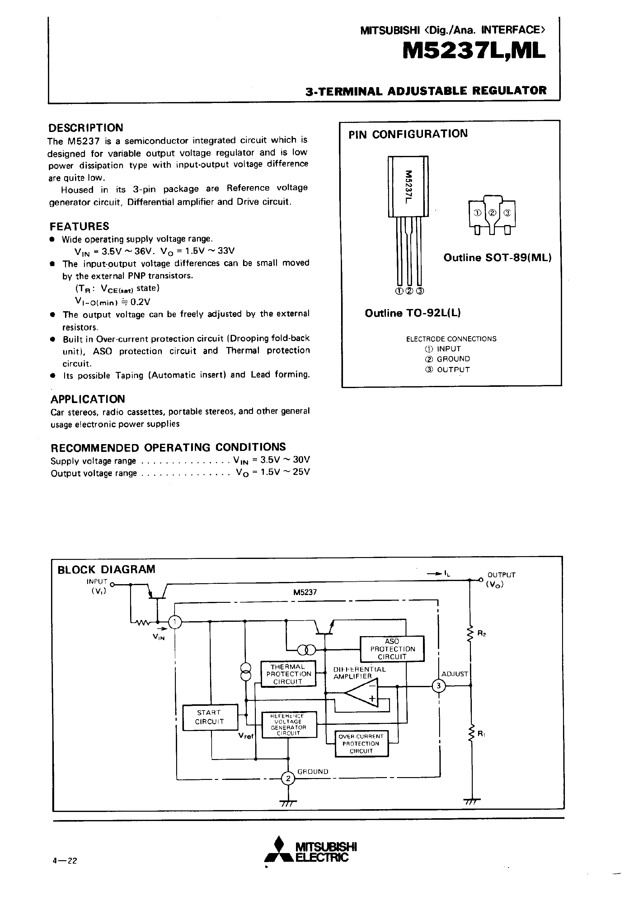 Datasheet M5237L - 3-TERMINAL ADJUSTABLE REGULATOR page 1