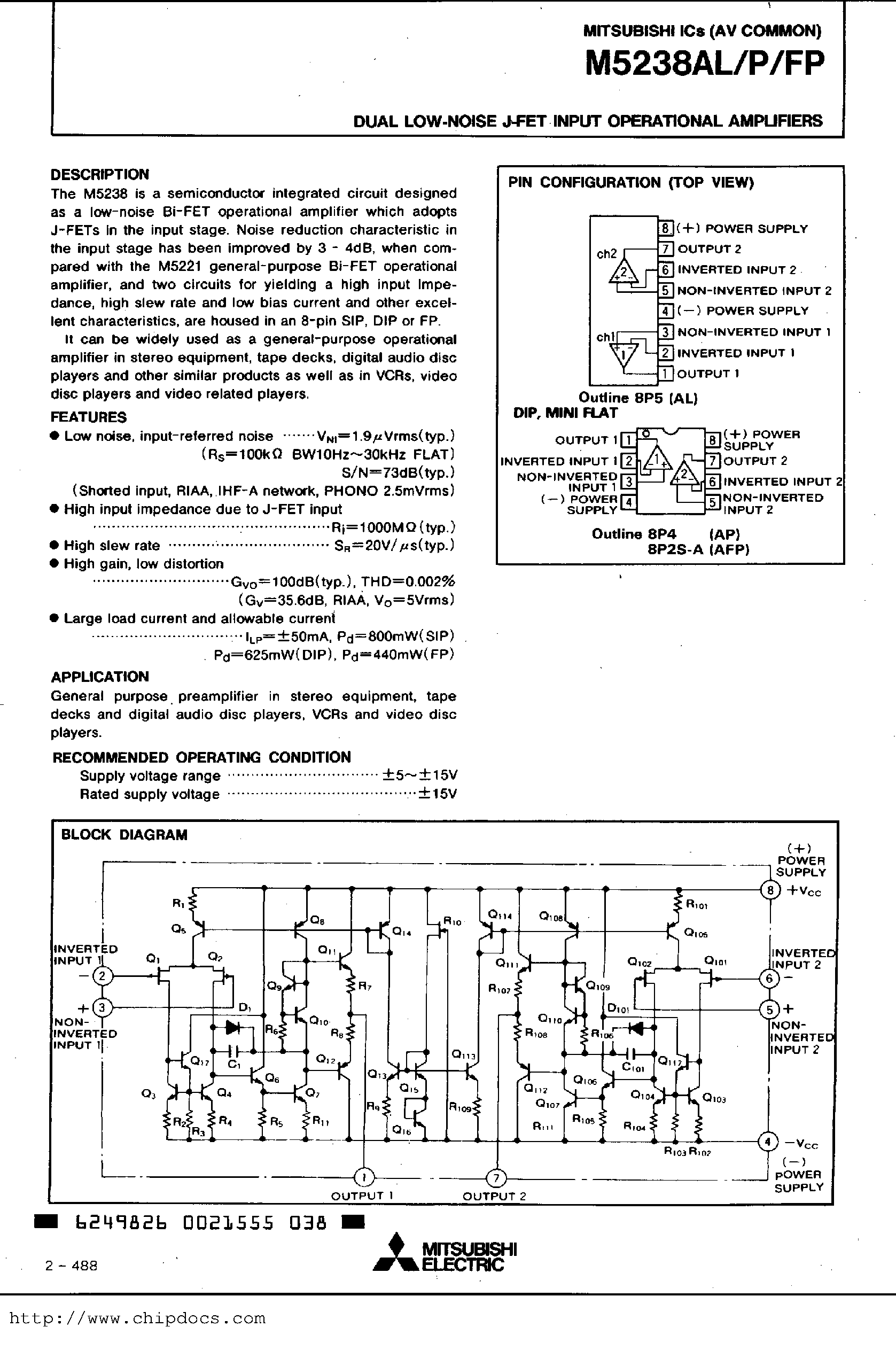 Datasheet M5238AP page 1 Datasheet M5238AP - DUAL LOW-NOISE J-FET INPUT OPERATIONAL AMPLIFIERS page 1