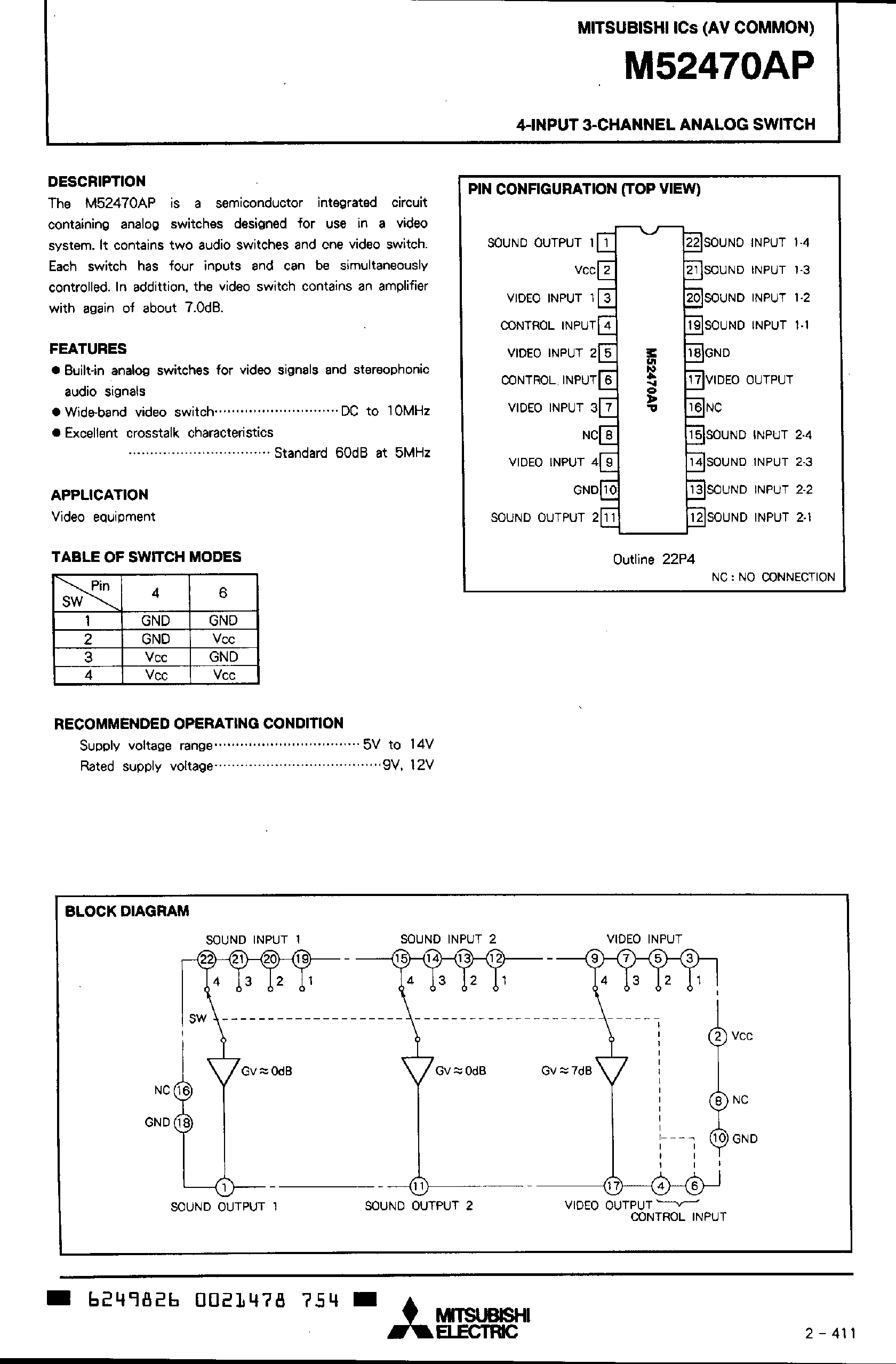 Datasheet M52470 - 4-INPUT 3-CHANNEL ANALOG SWITCH page 1