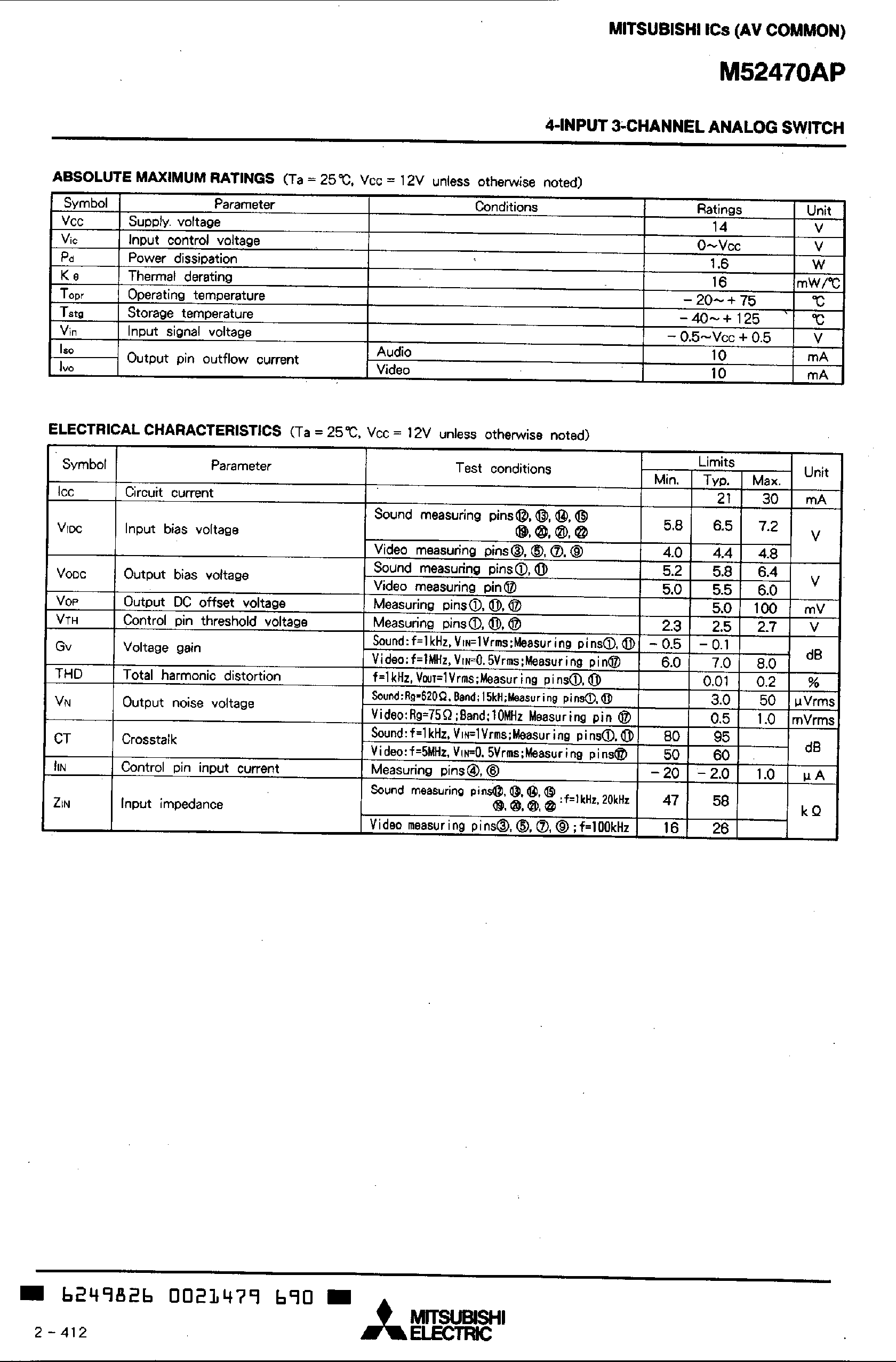 Datasheet M52470 - 4-INPUT 3-CHANNEL ANALOG SWITCH page 2