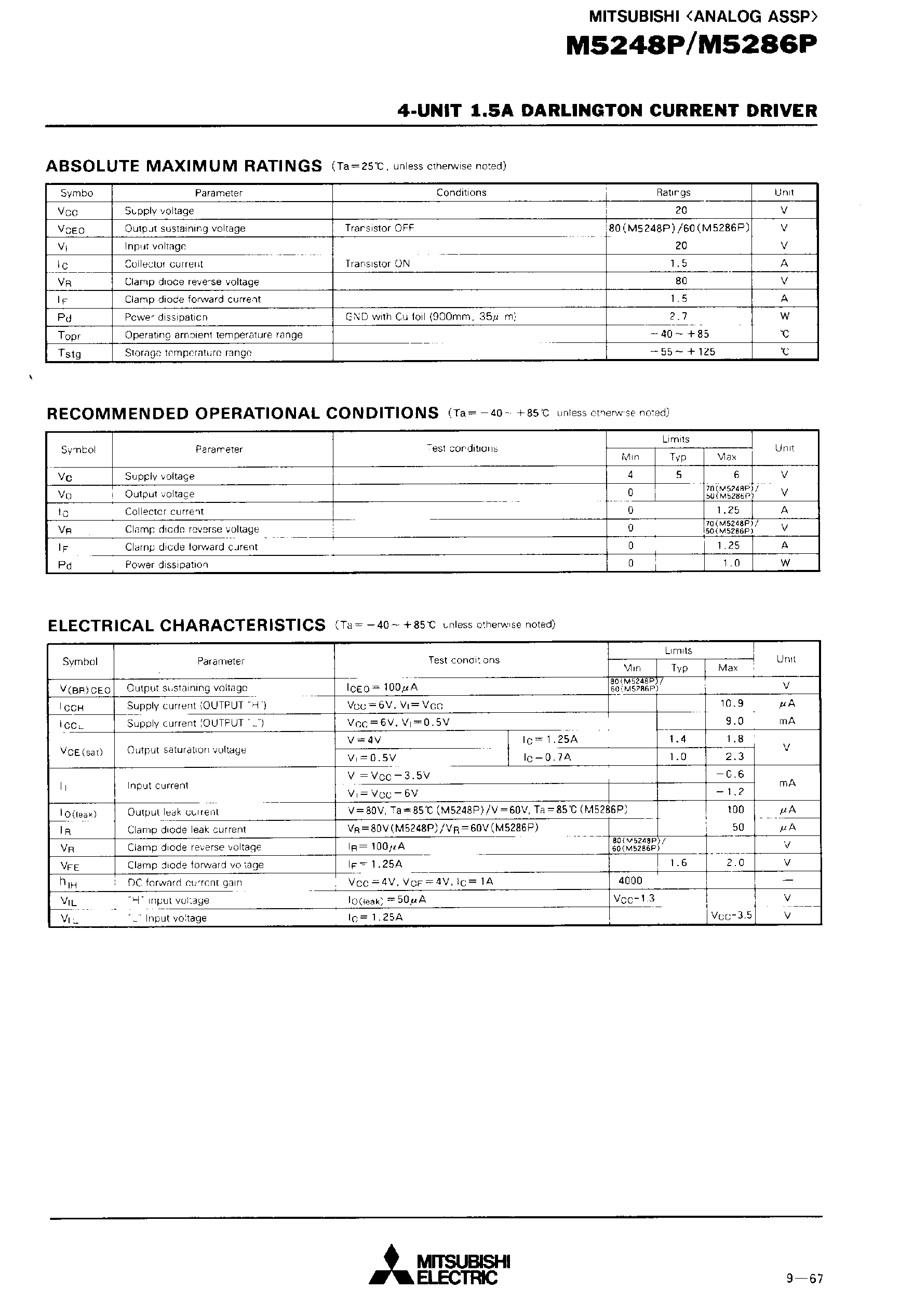 Datasheet M5248P - 4-UNIT 1.5A DARLINGTON CURRENT DIRVER page 2