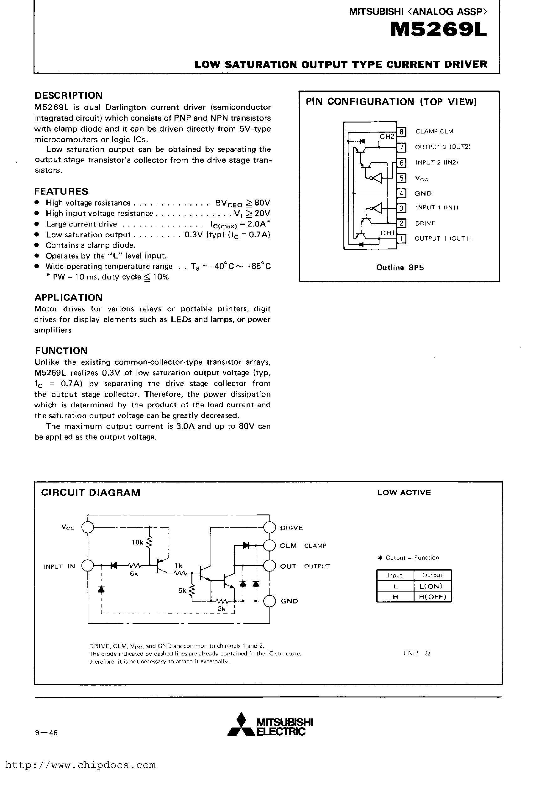 Даташит на микросхему M5269L страница 1 Даташит M5269L - LOW SATURATION OUTPUT TYPE CURRENT DRIVER страница 1