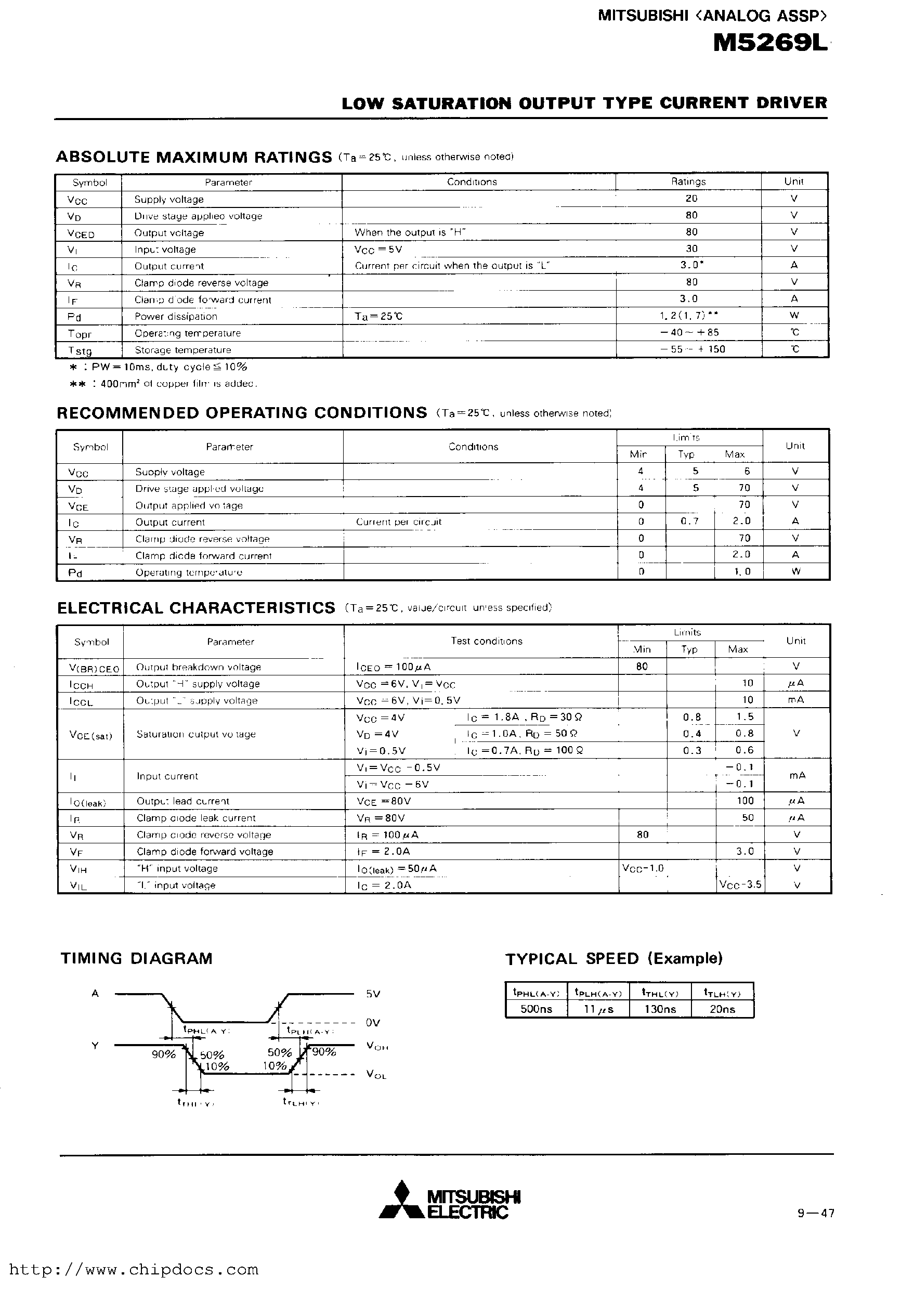 Даташит на микросхему M5269L страница 2 Даташит M5269L - LOW SATURATION OUTPUT TYPE CURRENT DRIVER страница 2