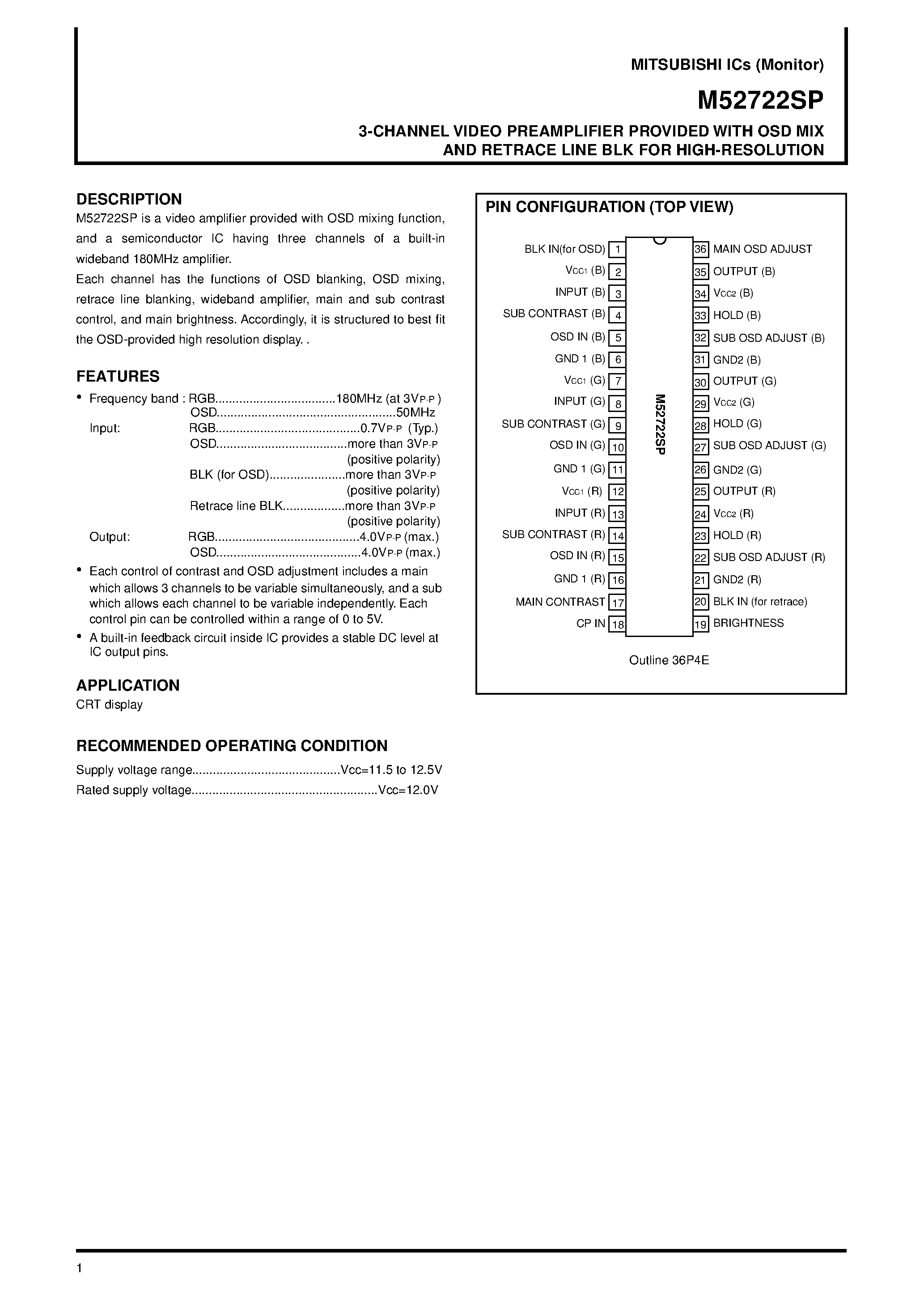 Datasheet M52722 - 3-CHANNEL VIDEO PREAMPLIFIER PROVIDED WITH OSD MIX AND RETRACE LINE BLK FOR HIGH-RESOLUTION page 1