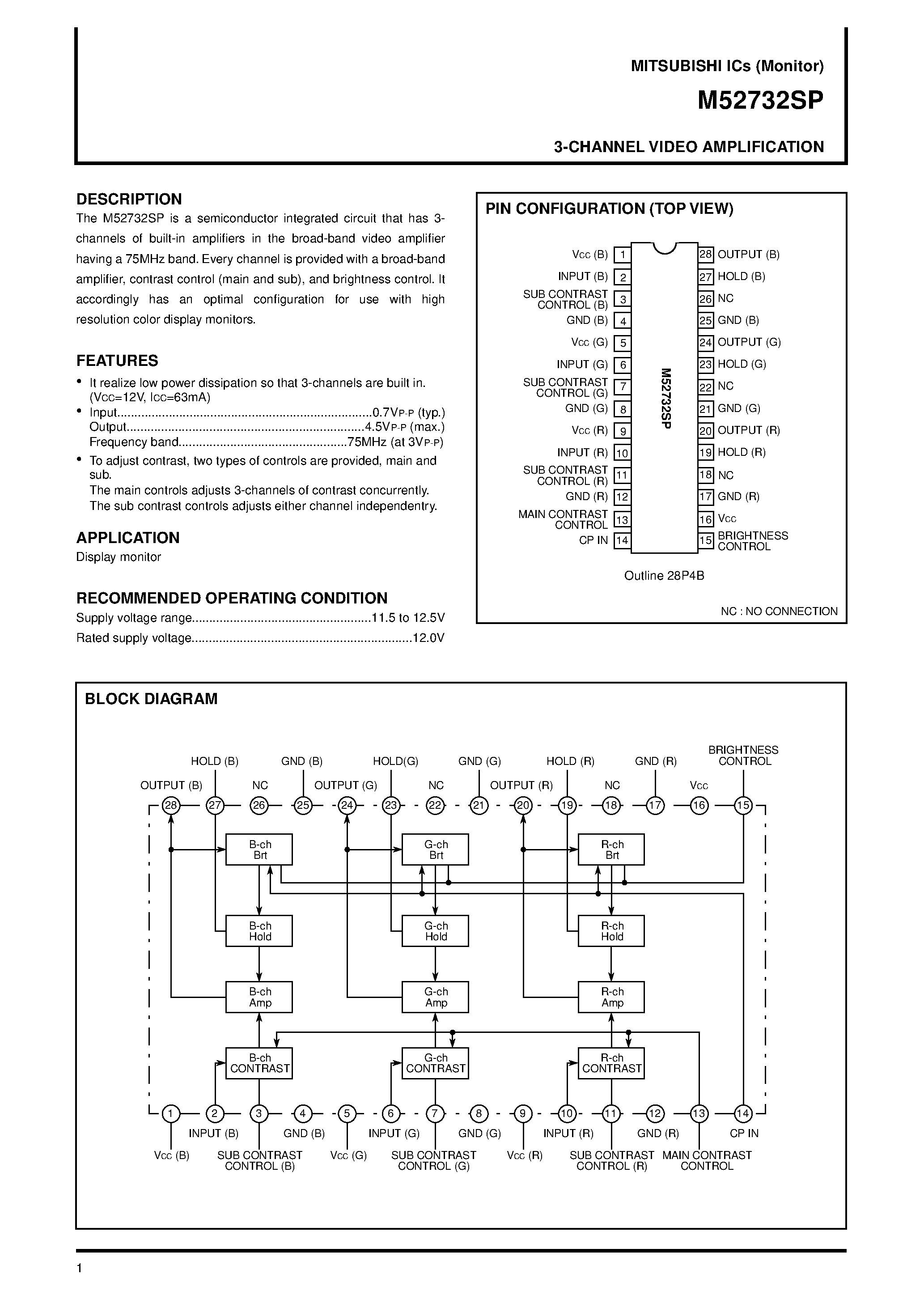 Datasheet M52732SP - 3-CHANNEL VIDEO AMPLIFICATION page 1