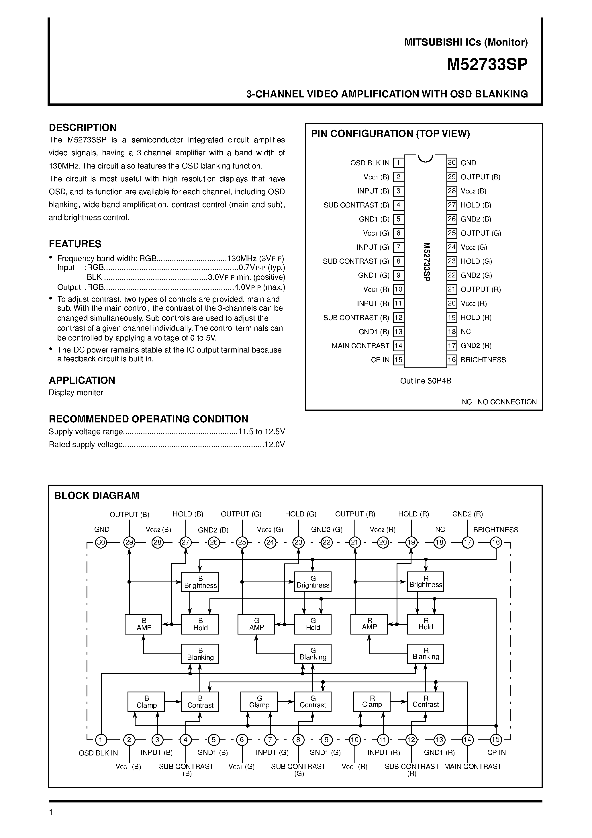 Datasheet M52733SP - 3-CHANNEL VIDEO AMPLIFICATION WITH OSD BLANKING page 1