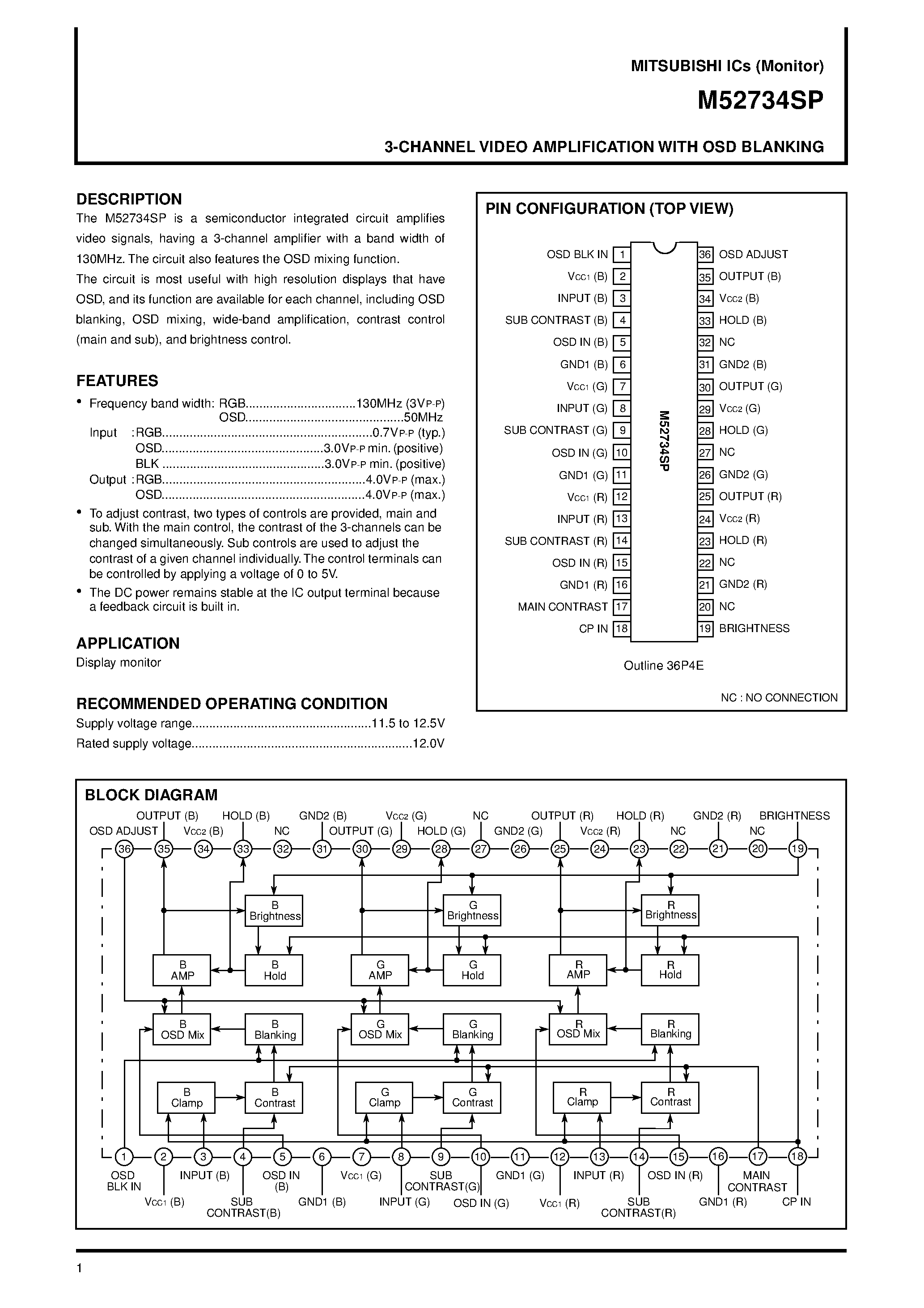 Datasheet M52734SP - 3-CHANNEL VIDEO AMPLIFICATION WITH OSD BLANKING page 1