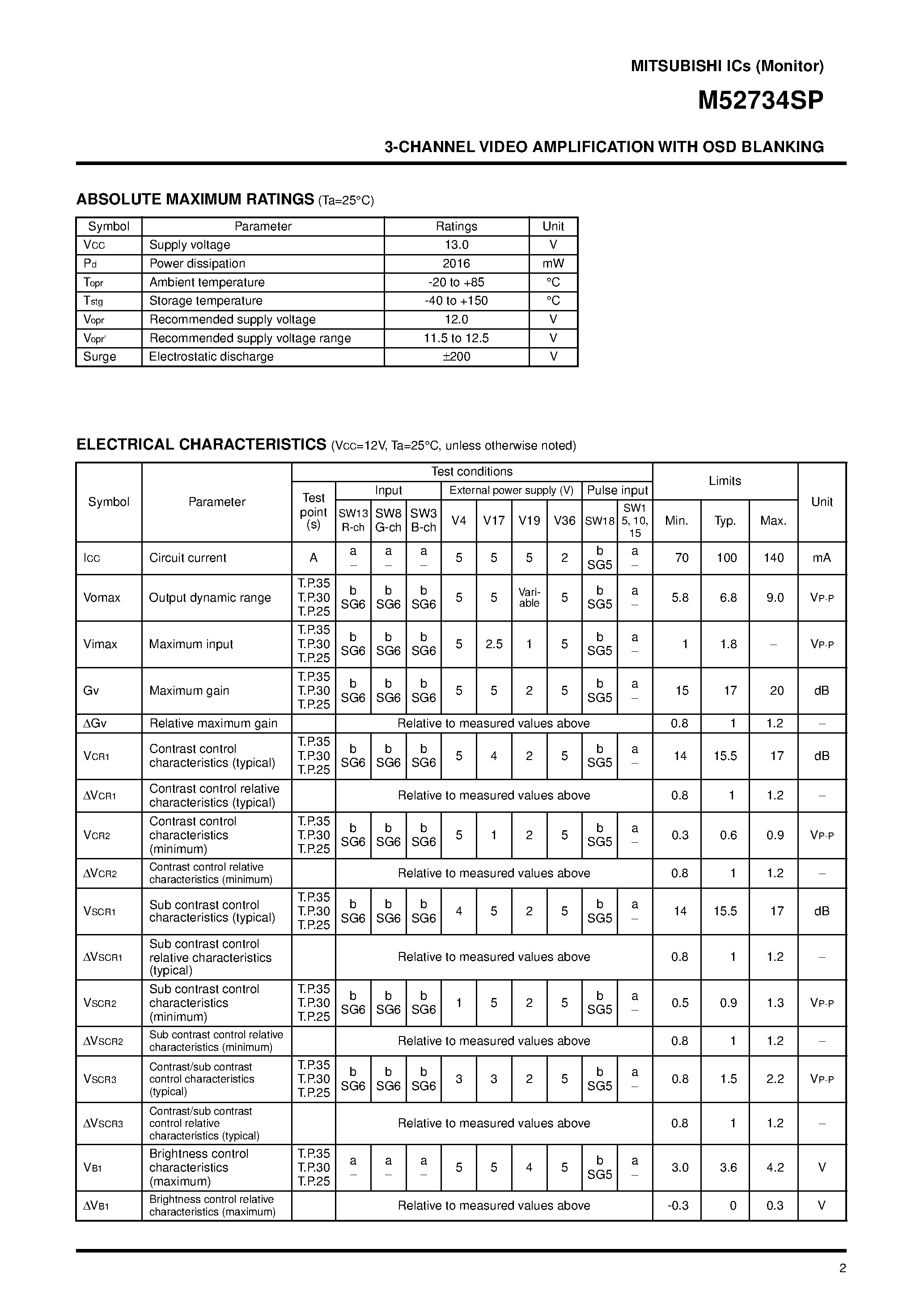 Datasheet M52734SP - 3-CHANNEL VIDEO AMPLIFICATION WITH OSD BLANKING page 2